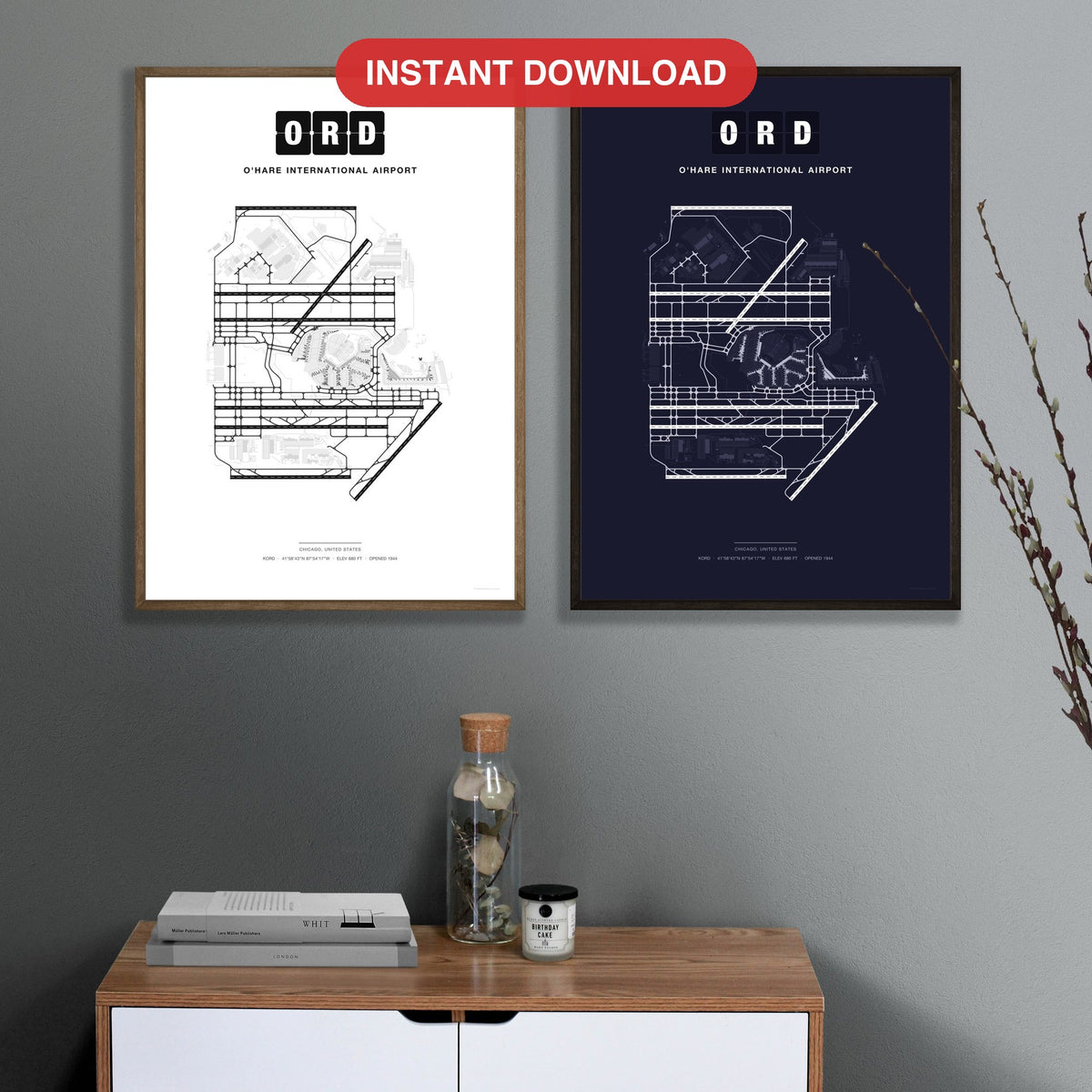 ORD O'Hare International Airport map - Classic and Dark styles, instant download, square lead