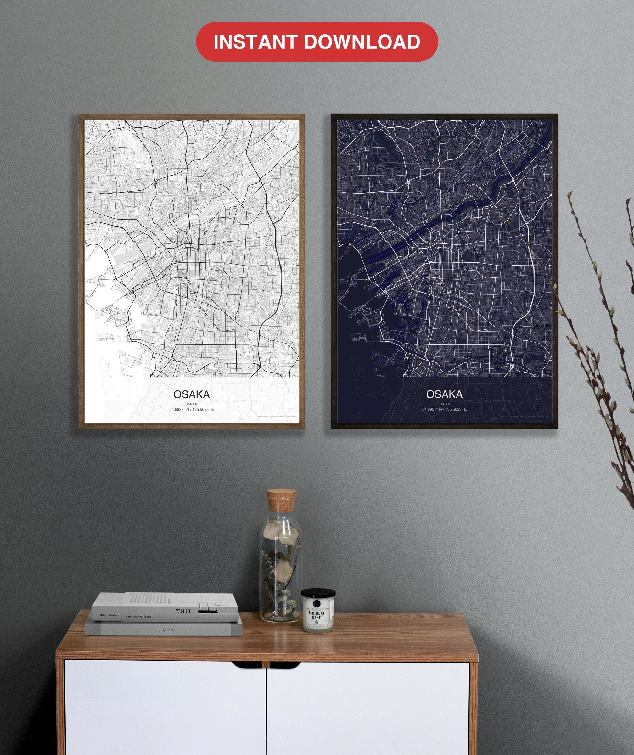 Osaka map digital download - Classic and Dark styles, instant download