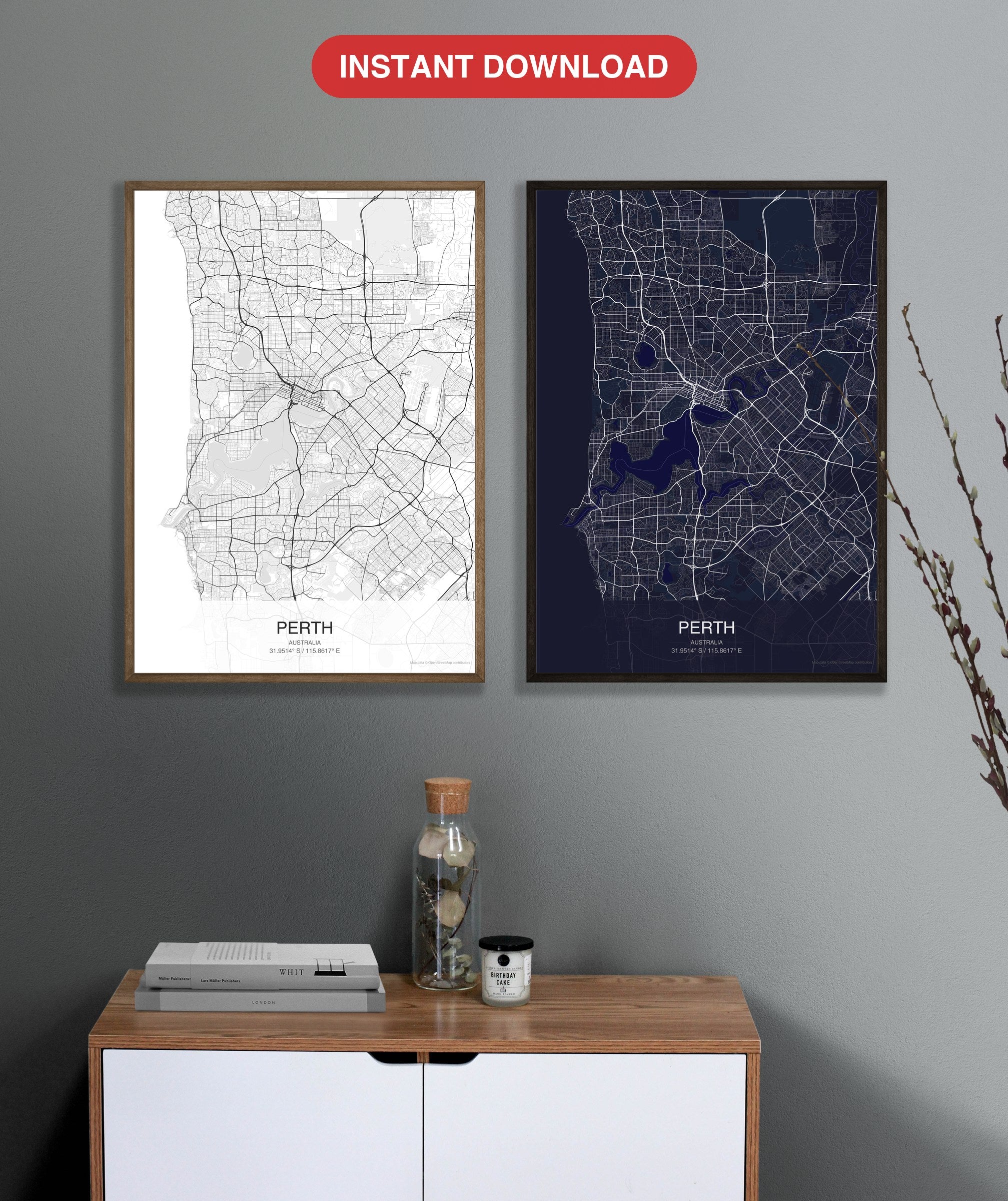 Perth map digital download - Classic and Dark styles, instant download