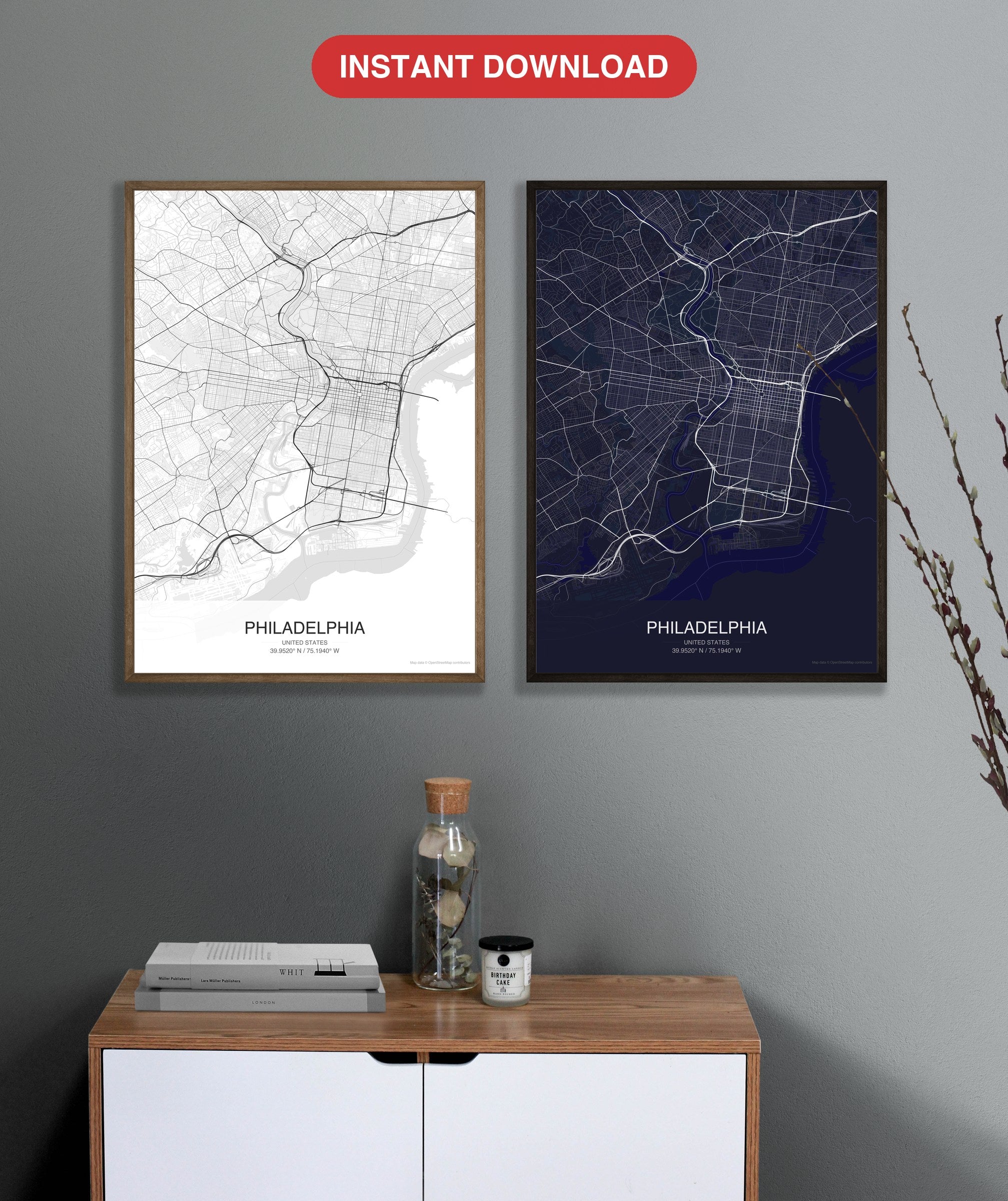 Philadelphia map digital download - Classic and Dark styles, instant download