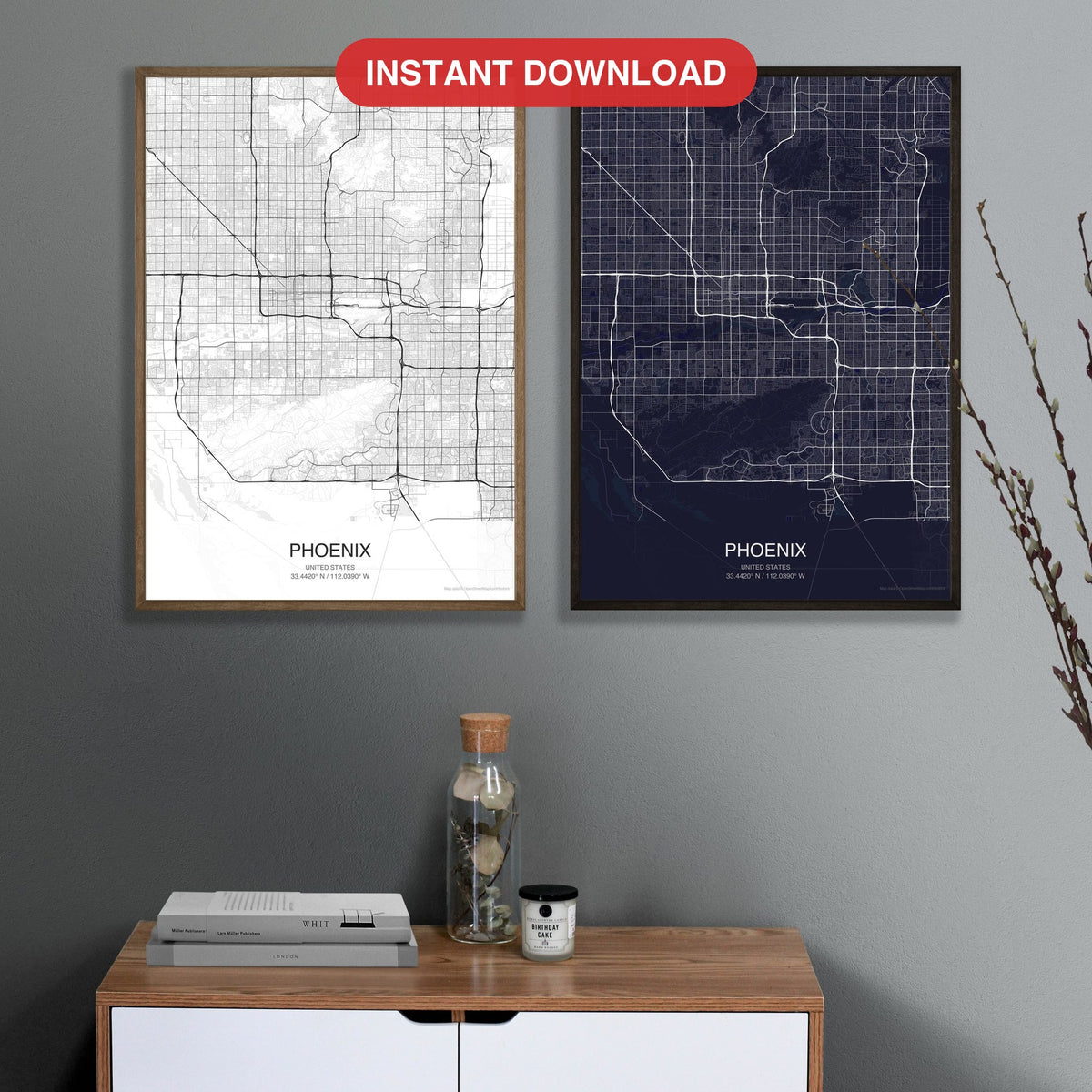 Phoenix map digital download - Classic and Dark styles, instant download, square lead