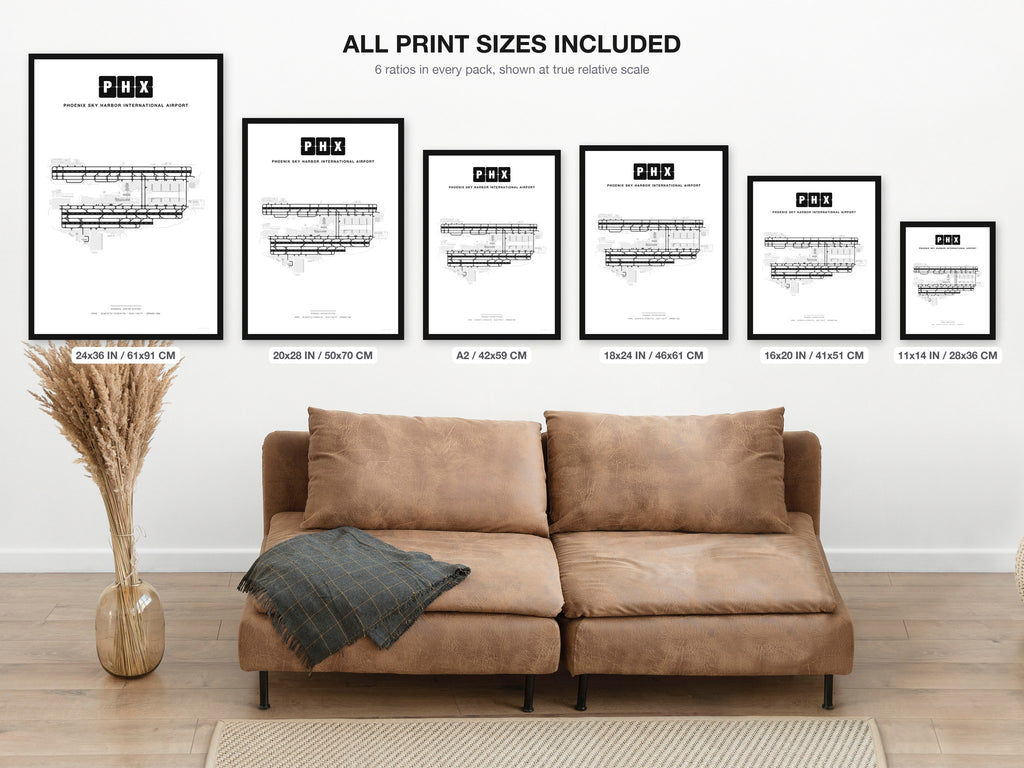 PHX Phoenix Sky Harbor International Airport map - all print sizes included, Classic
