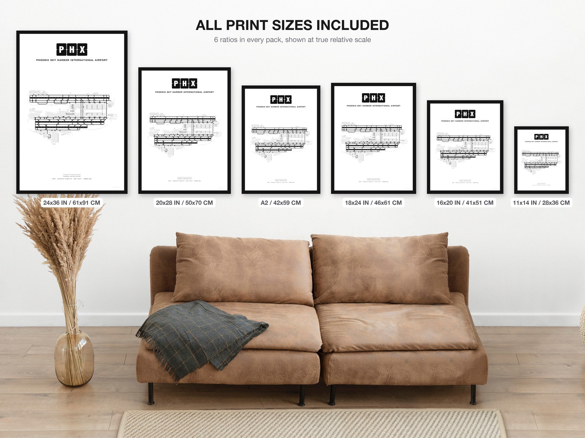 PHX Phoenix Sky Harbor International Airport map - all print sizes included, Classic