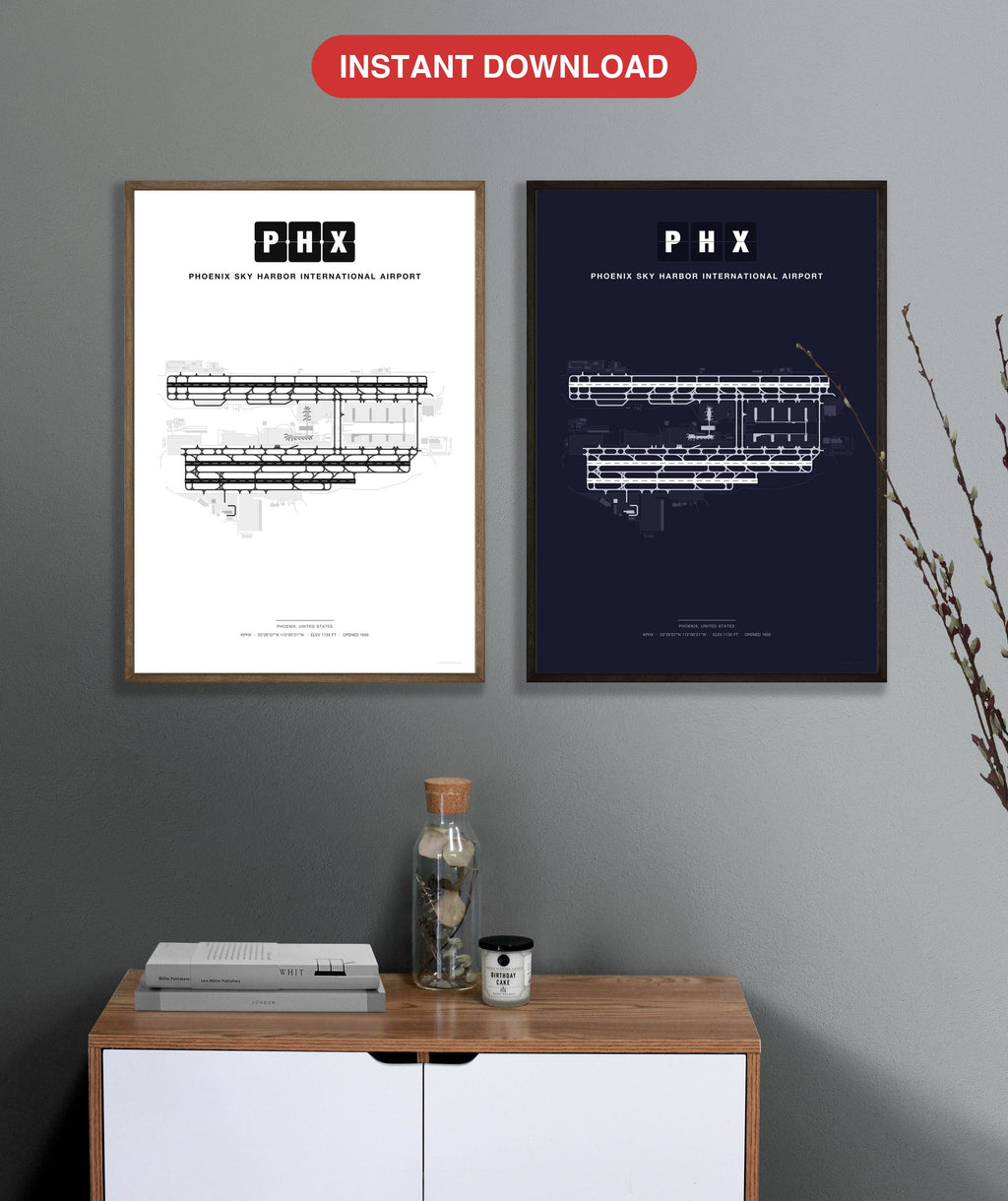 PHX Phoenix Sky Harbor International Airport map - Classic and Dark styles, instant download