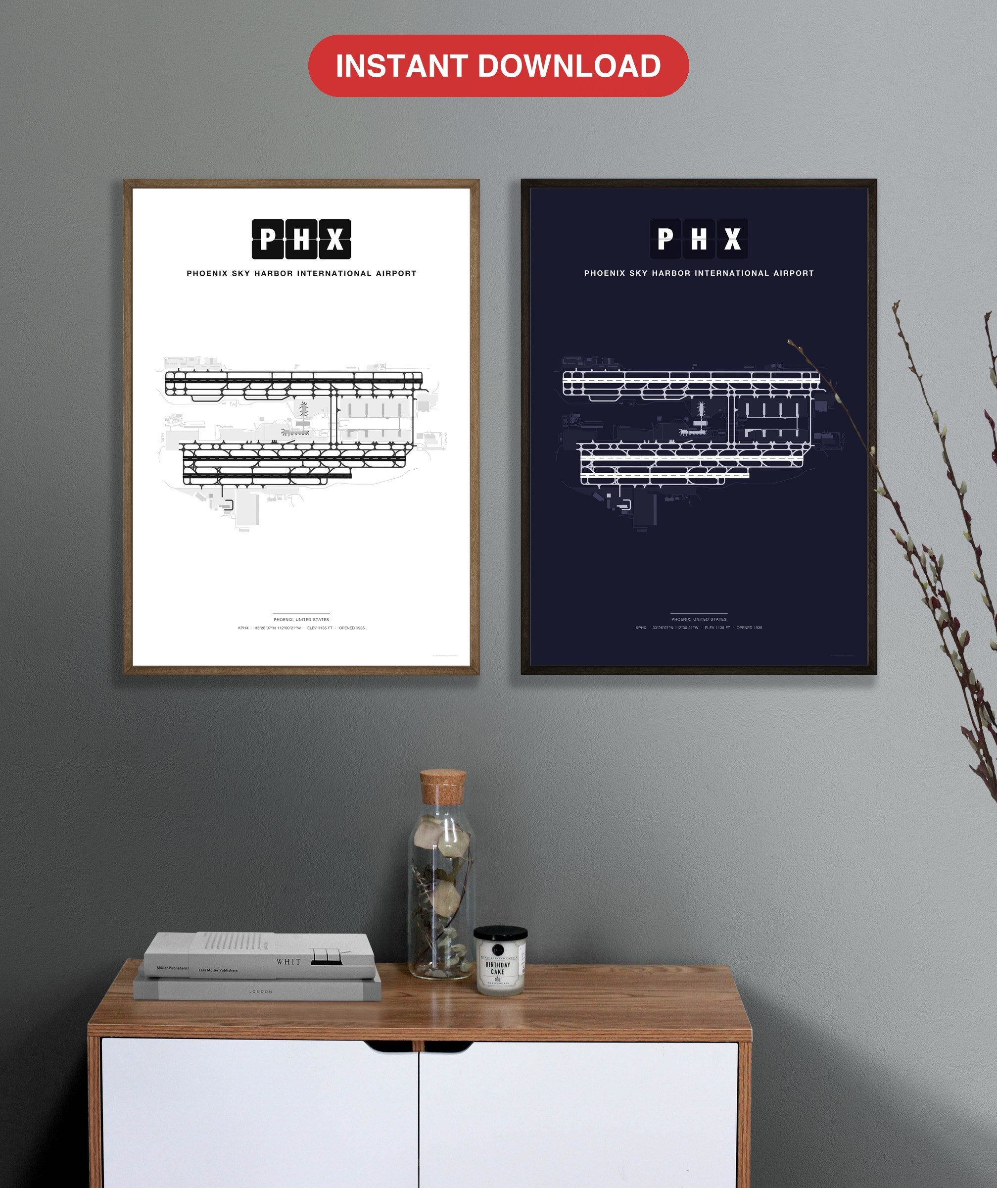 PHX Phoenix Sky Harbor International Airport map - Classic and Dark styles, instant download