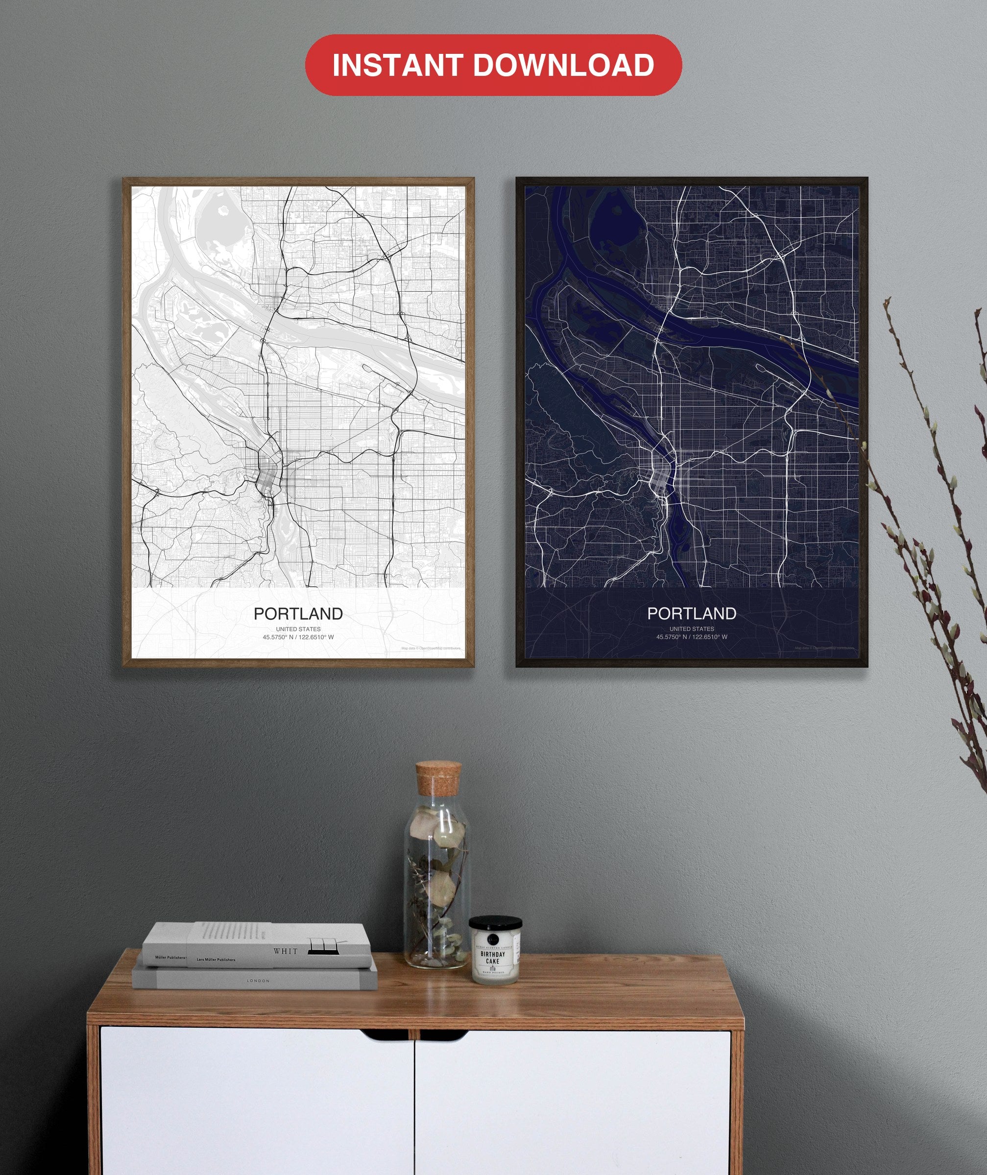 Portland map digital download - Classic and Dark styles, instant download