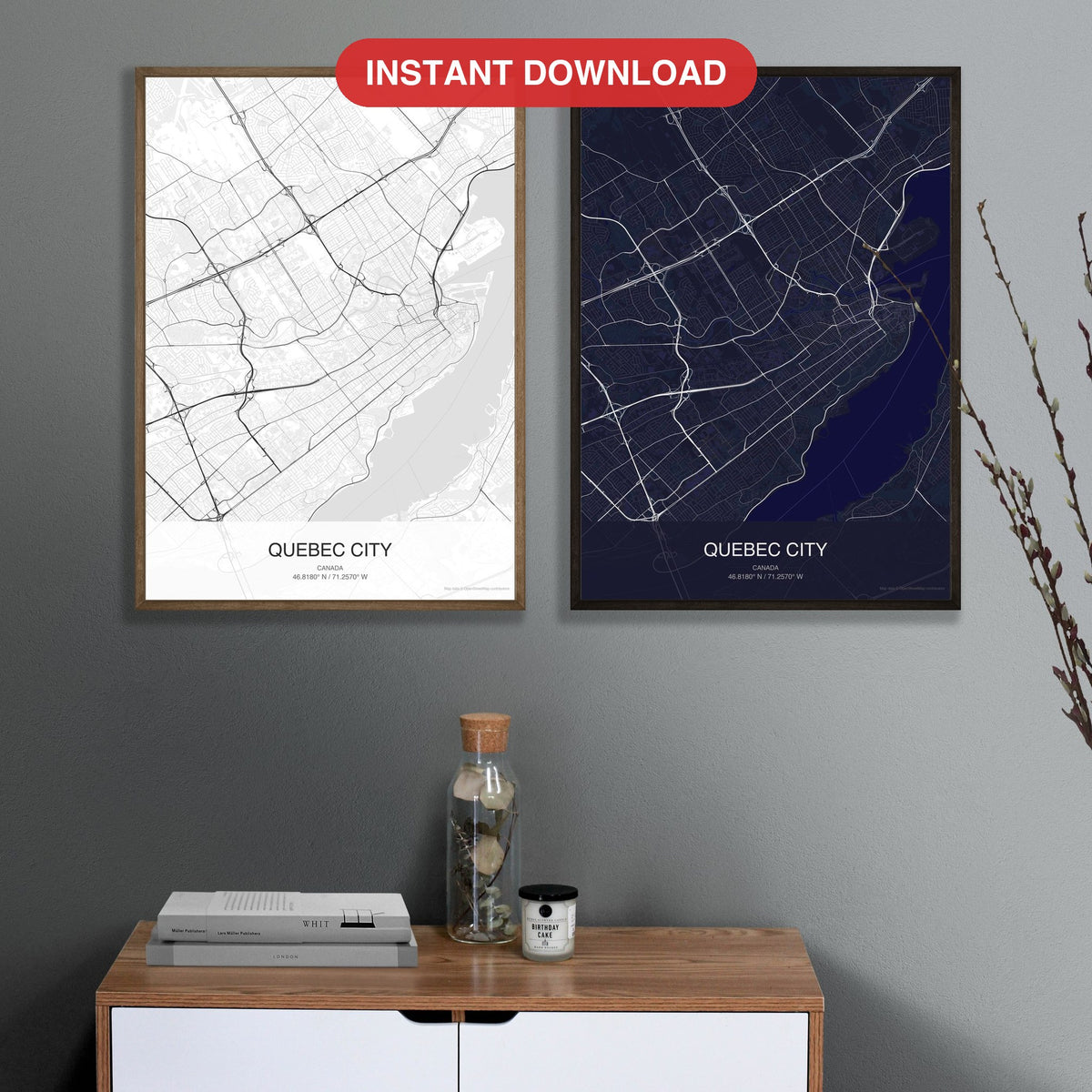 Quebec City map digital download - Classic and Dark styles, instant download, square lead