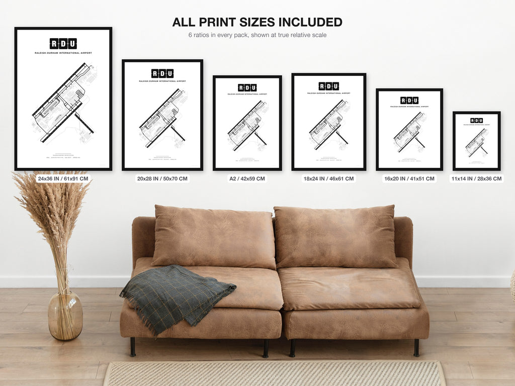 RDU Raleigh-Durham International Airport map - all print sizes included, Classic