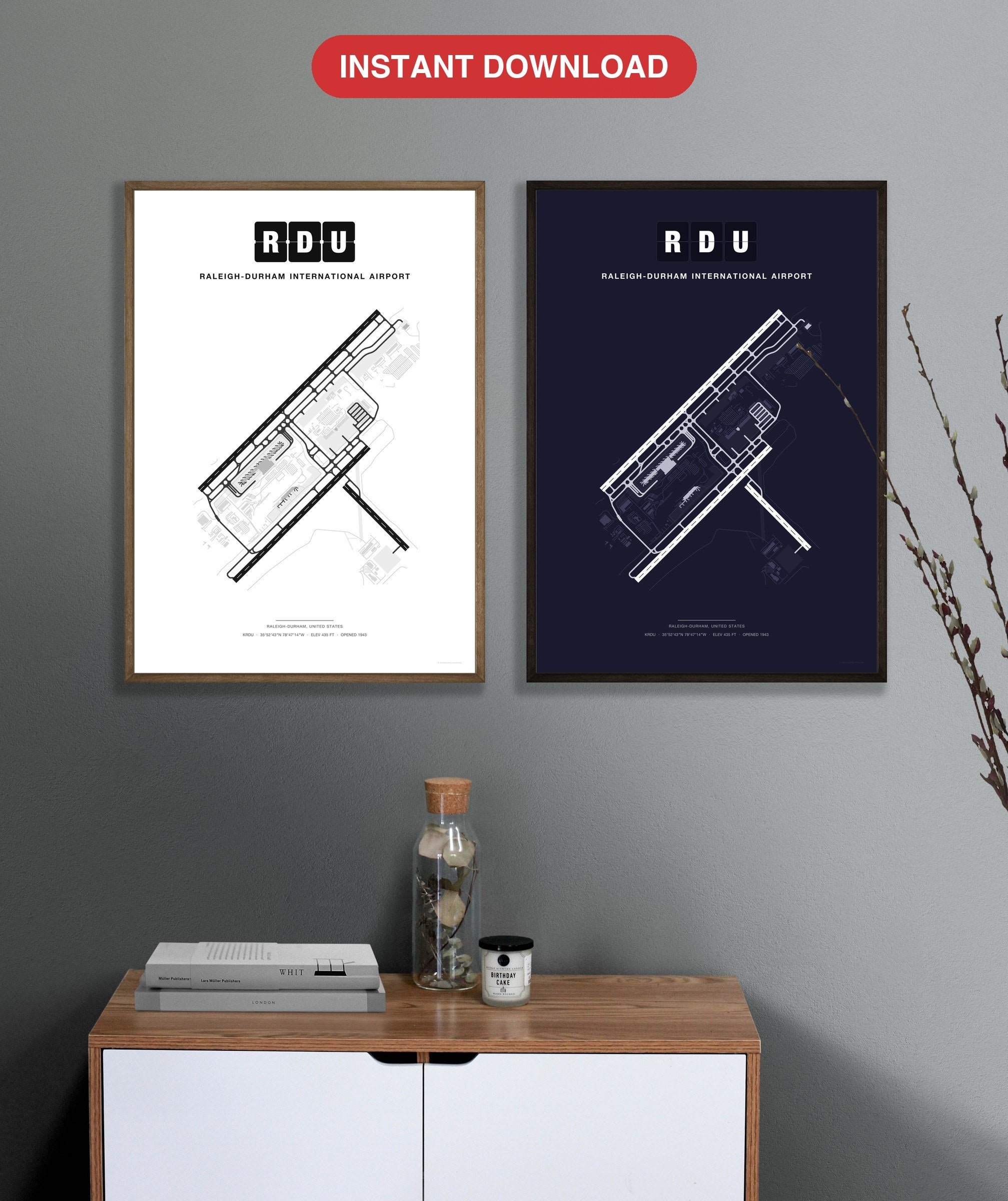 RDU Raleigh-Durham International Airport map - Classic and Dark styles, instant download
