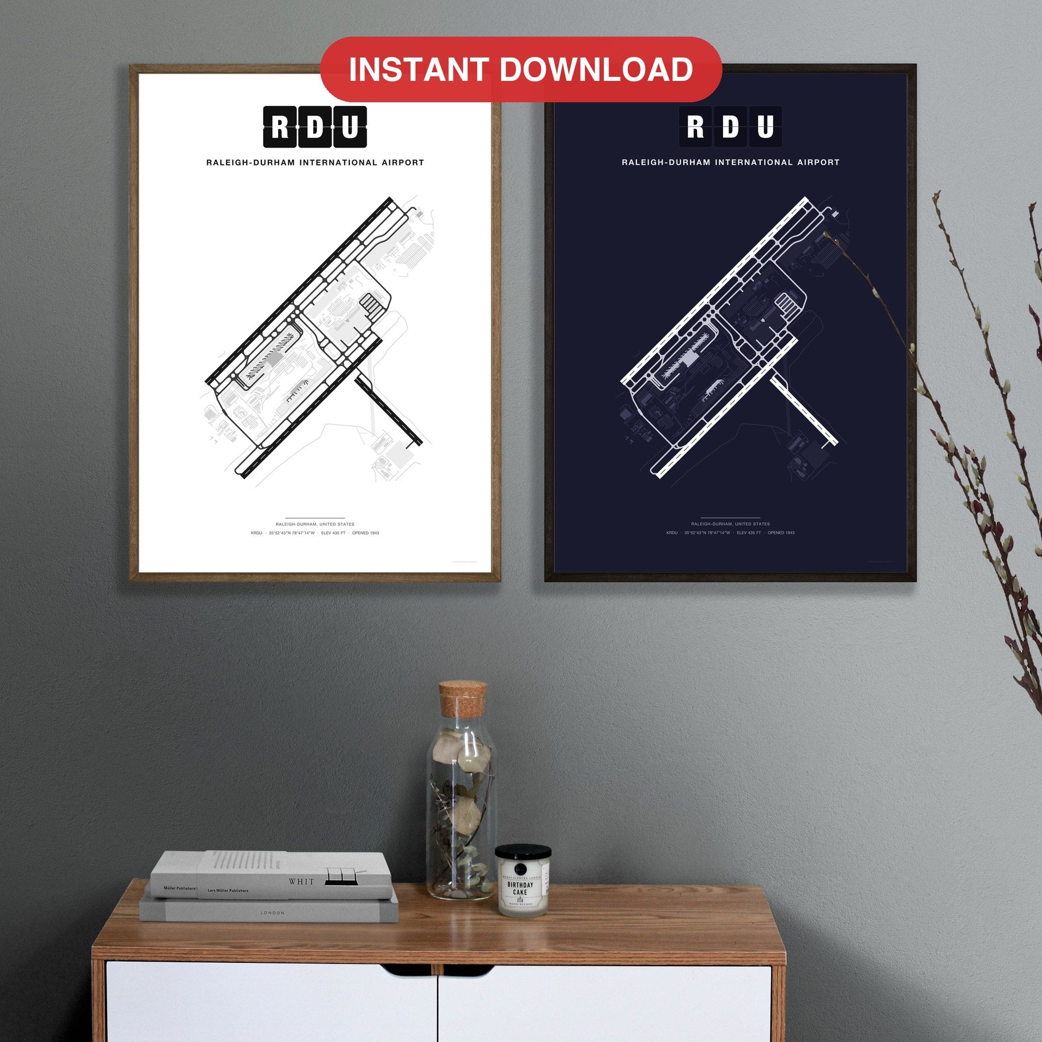 RDU Raleigh-Durham International Airport map - Classic and Dark styles, instant download, square lead
