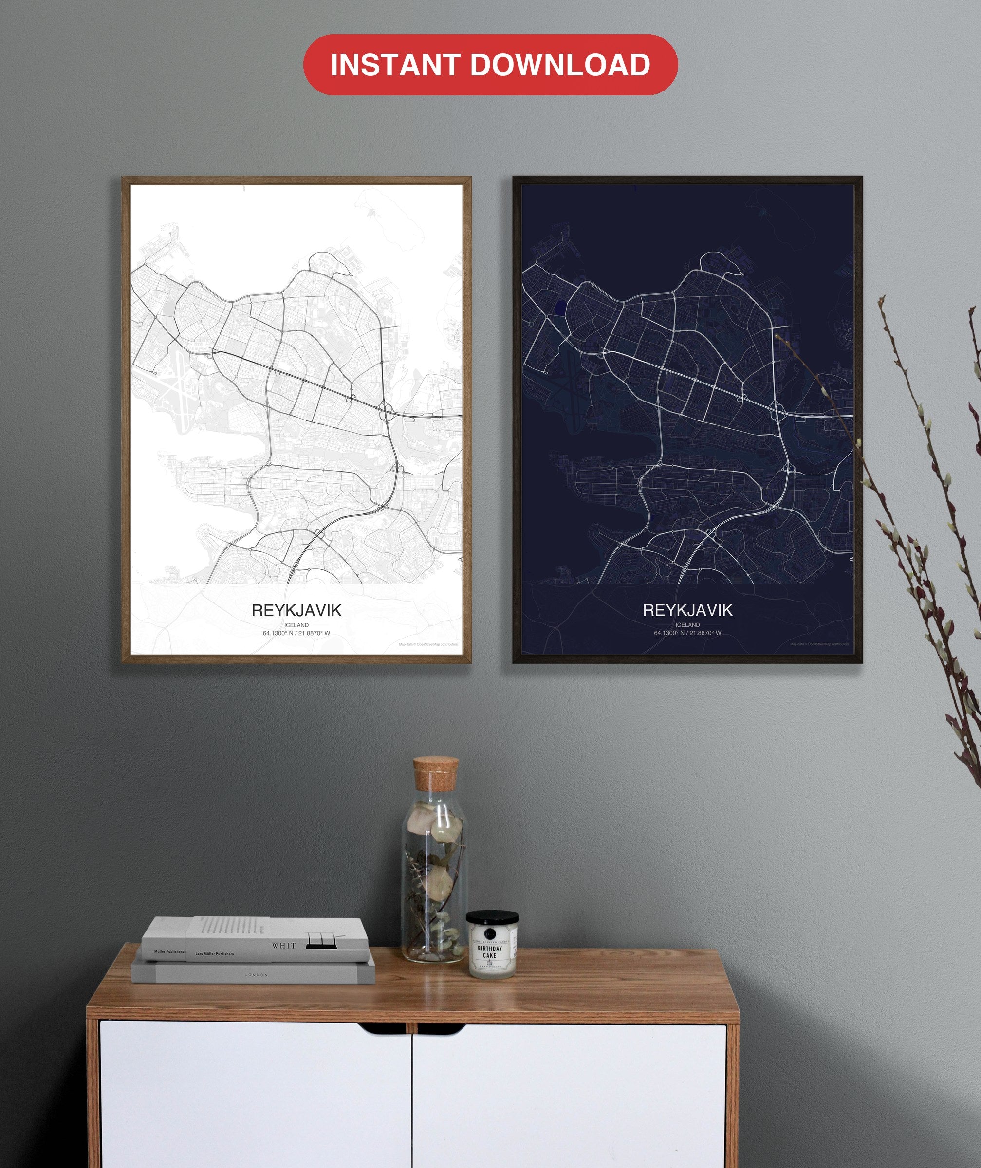 Reykjavik map digital download - Classic and Dark styles, instant download