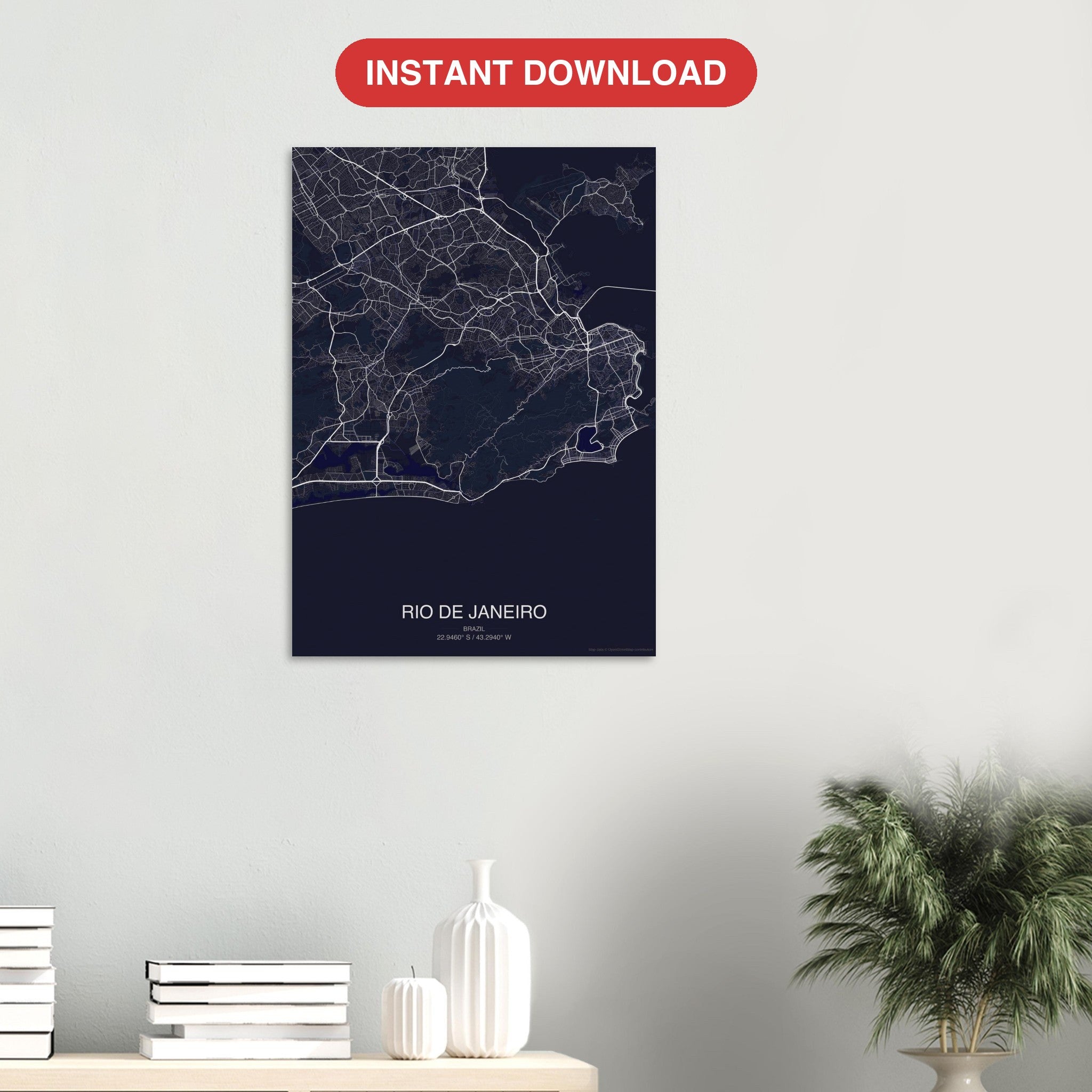 Rio de Janeiro map digital download — Dark style, instant download