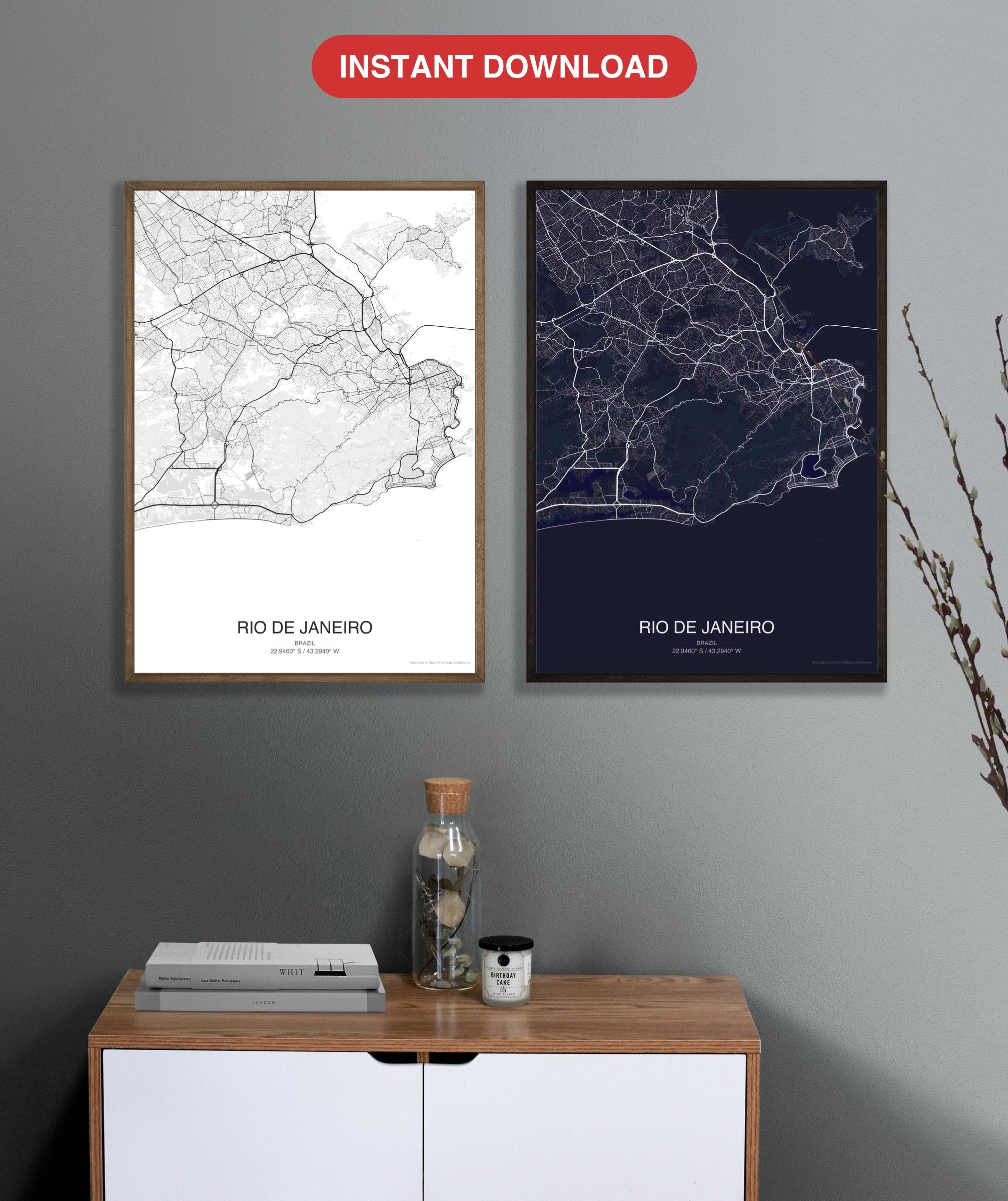Rio de Janeiro map digital download - Classic and Dark styles, instant download