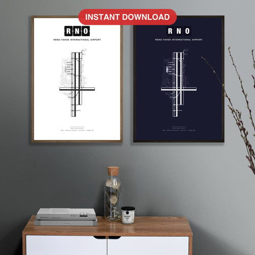 RNO Reno-Tahoe International Airport map - Classic and Dark styles, instant download, square lead