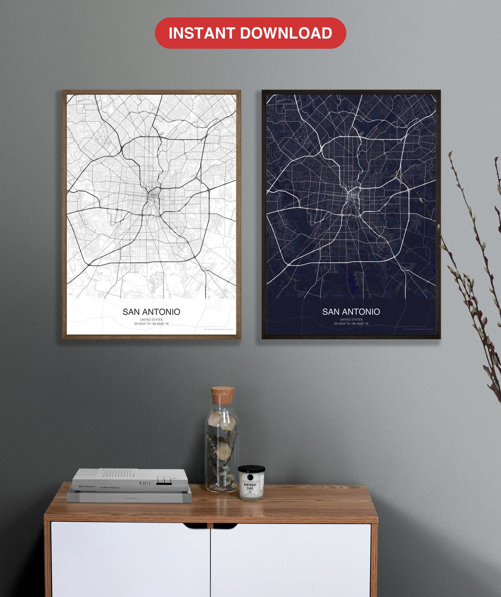 San Antonio map digital download - Classic and Dark styles, instant download