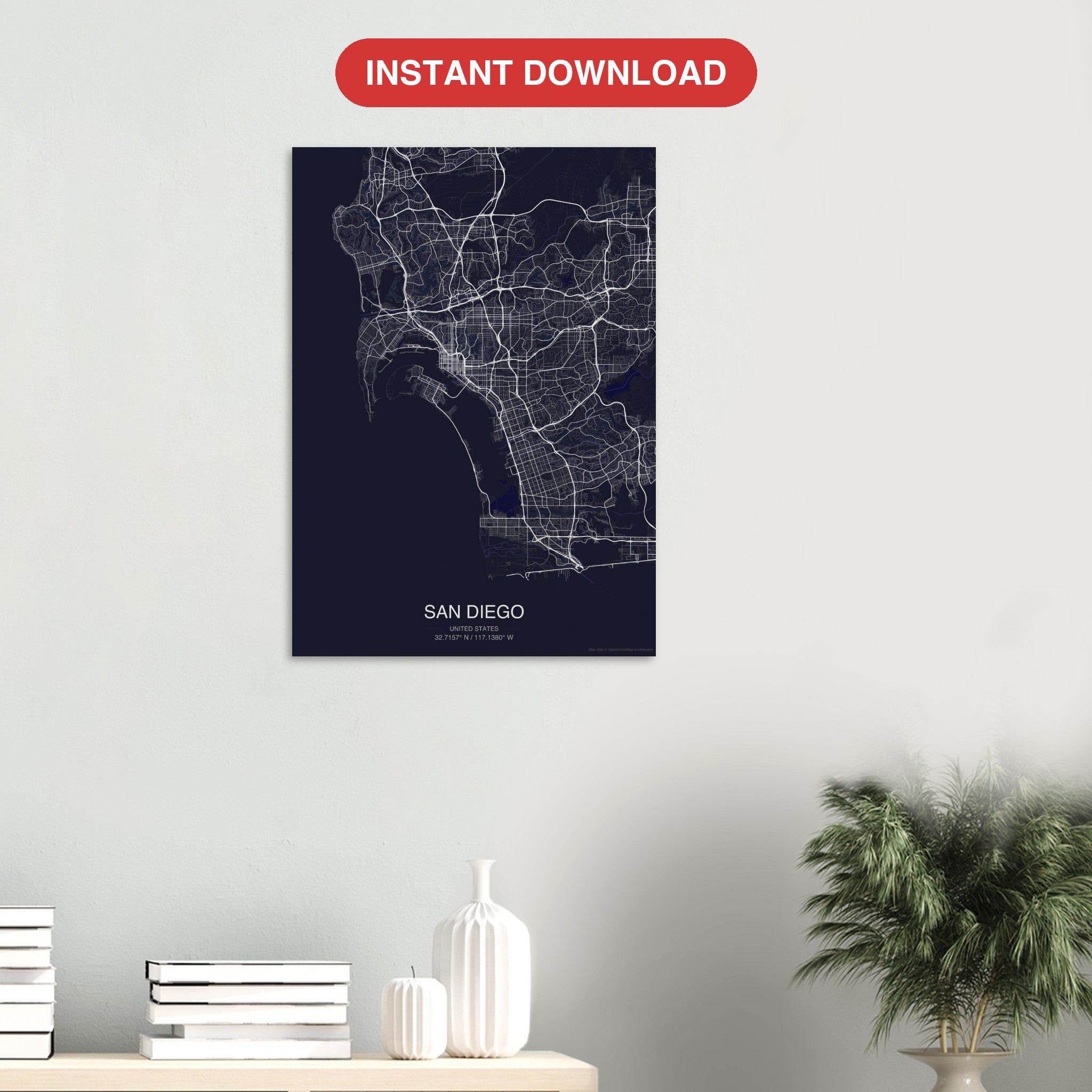 San Diego map digital download — Dark style, instant download