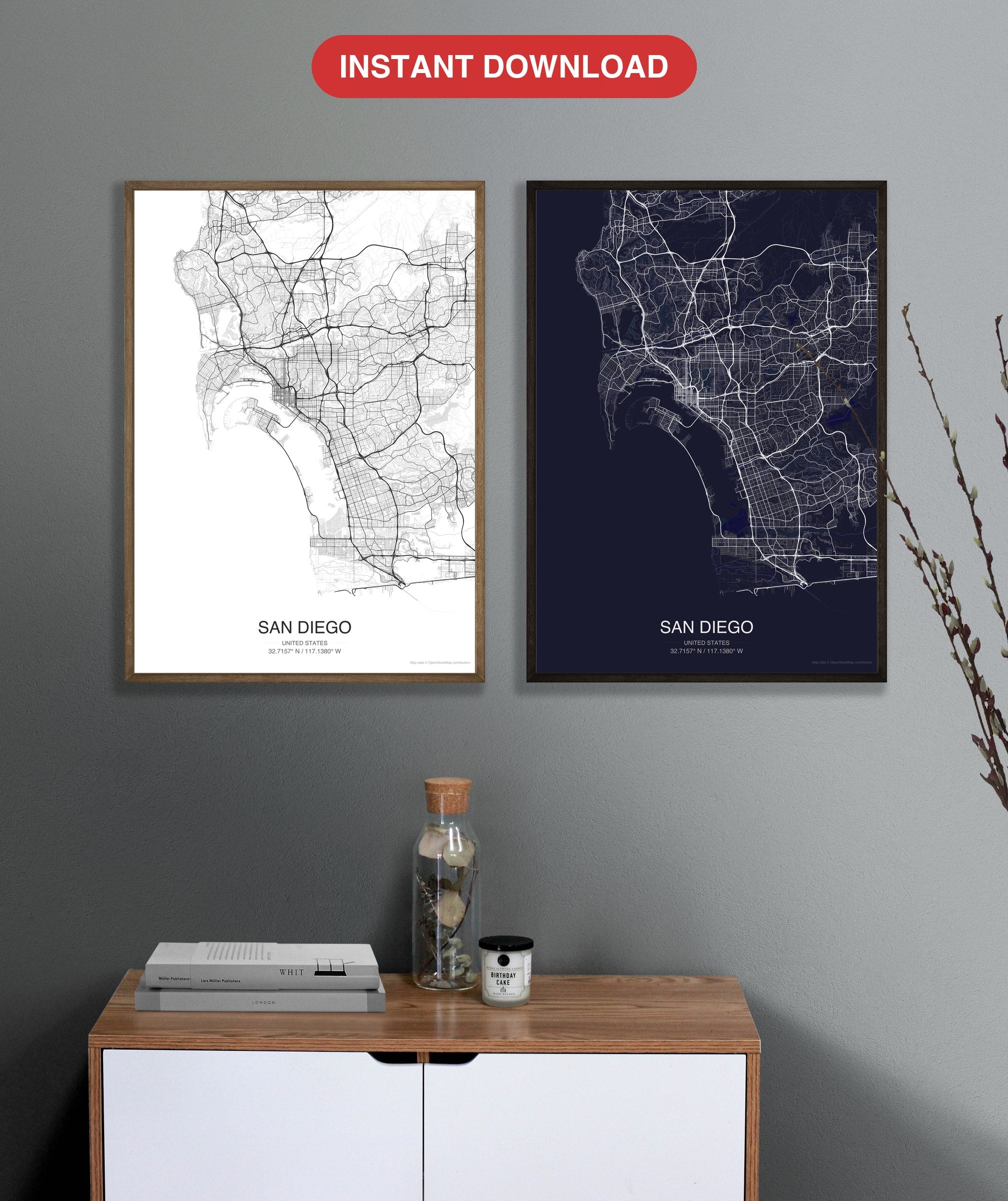 San Diego map digital download - Classic and Dark styles, instant download