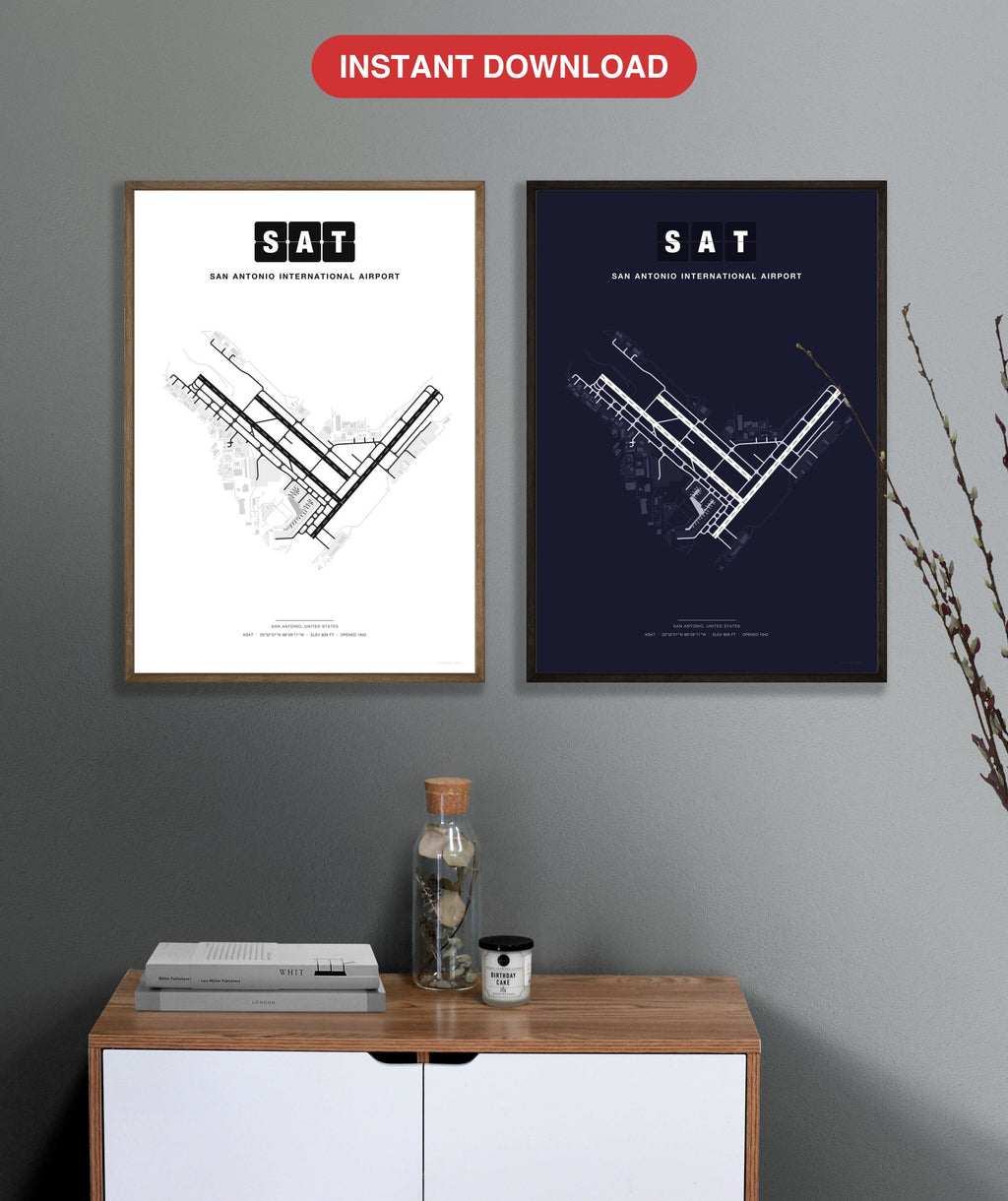 SAT San Antonio International Airport map - Classic and Dark styles, instant download