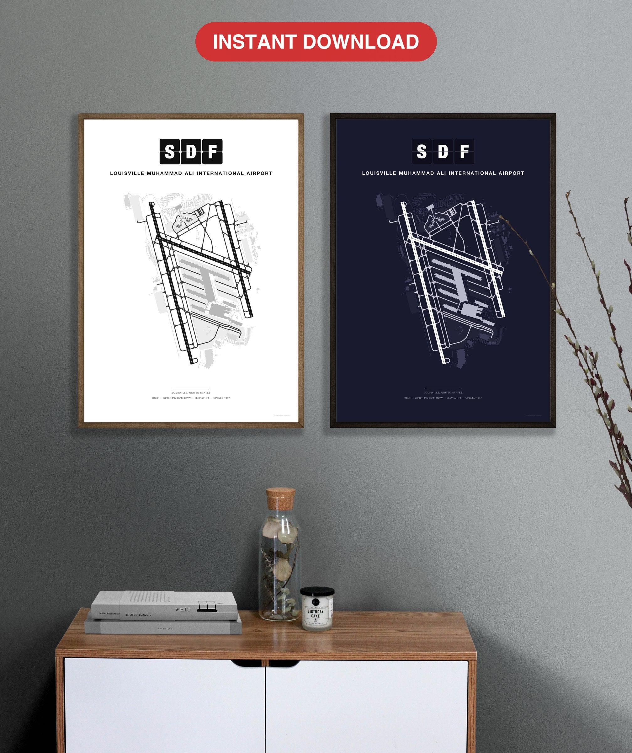 SDF Louisville Muhammad Ali International Airport map - Classic and Dark styles, instant download