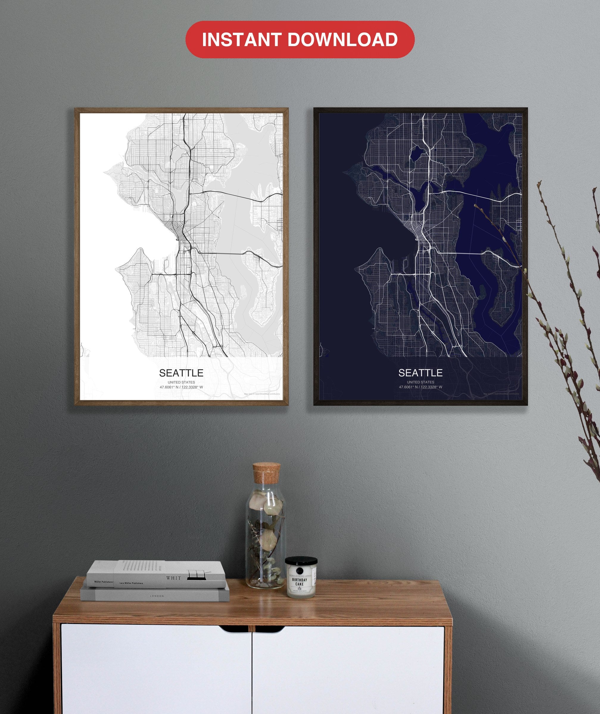 Seattle map digital download - Classic and Dark styles, instant download