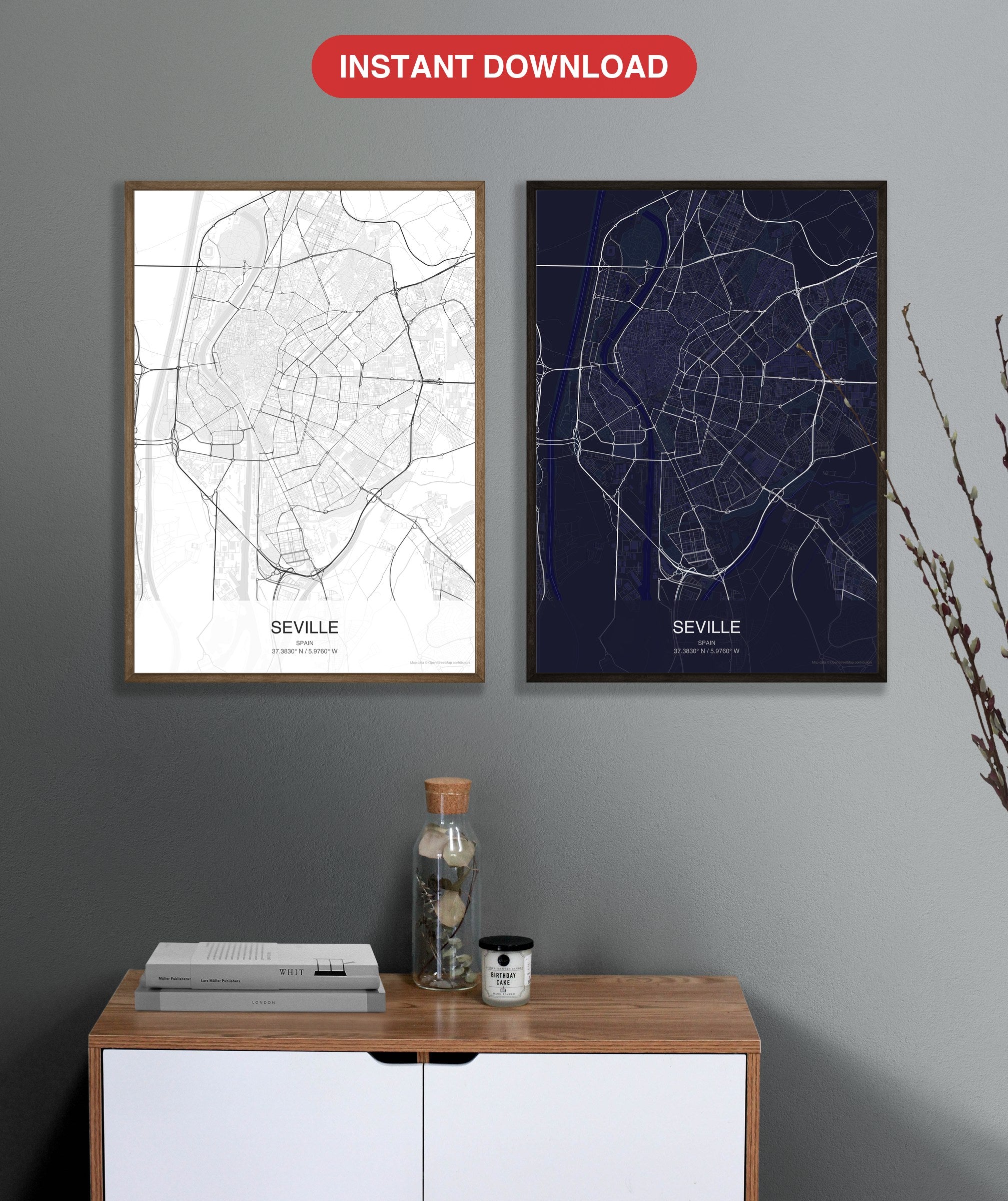 Seville map digital download - Classic and Dark styles, instant download