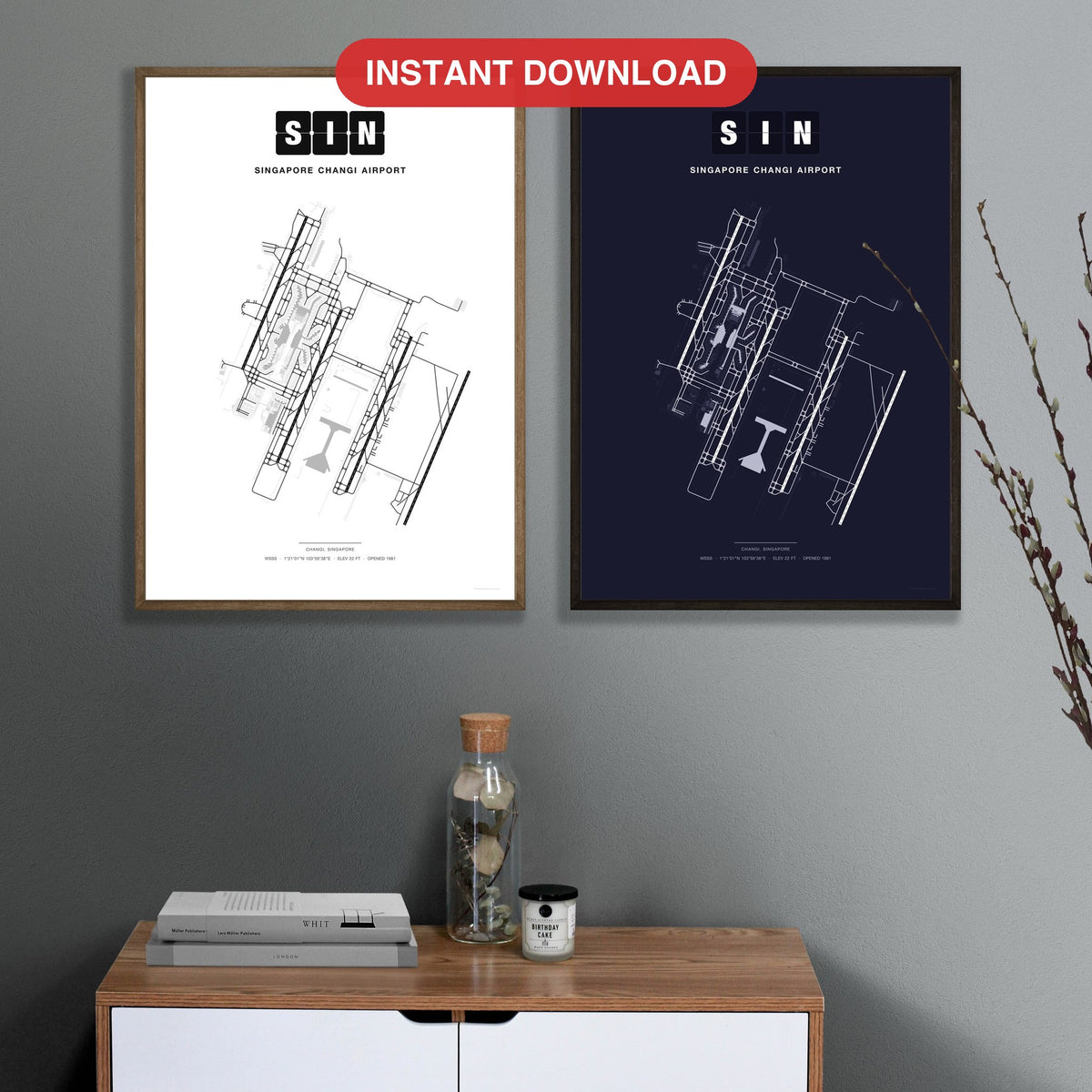 SIN Singapore Changi Airport map - Classic and Dark styles, instant download, square lead