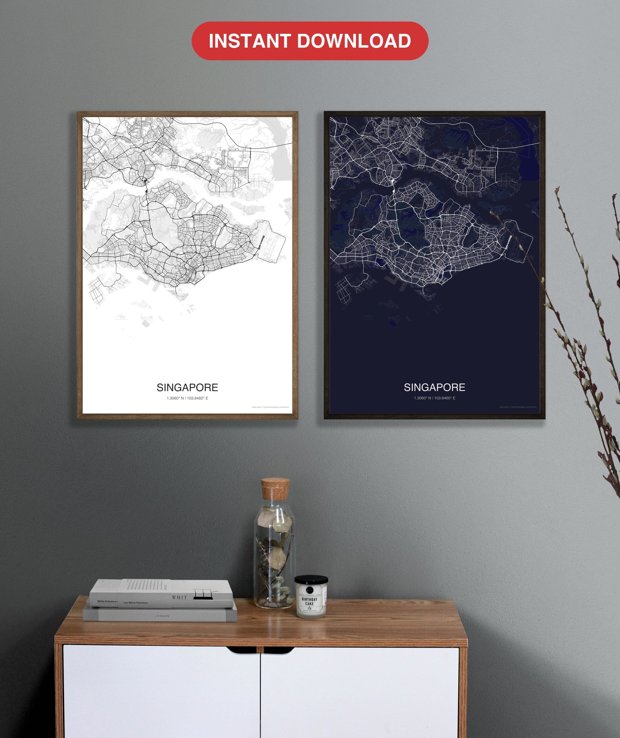 Singapore map digital download - Classic and Dark styles, instant download
