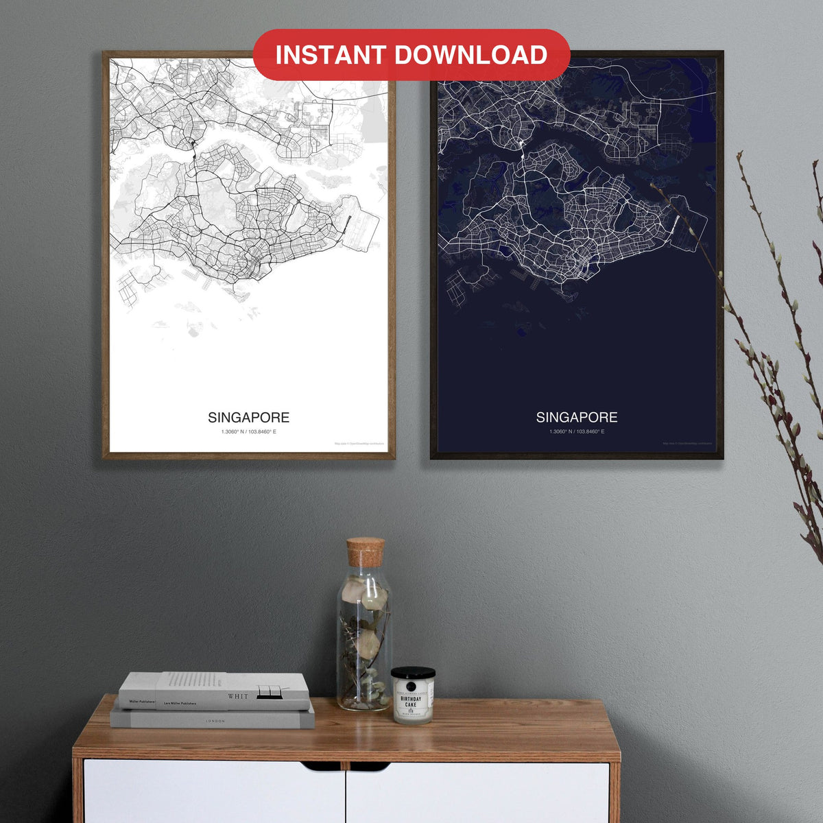 Singapore map digital download - Classic and Dark styles, instant download, square lead