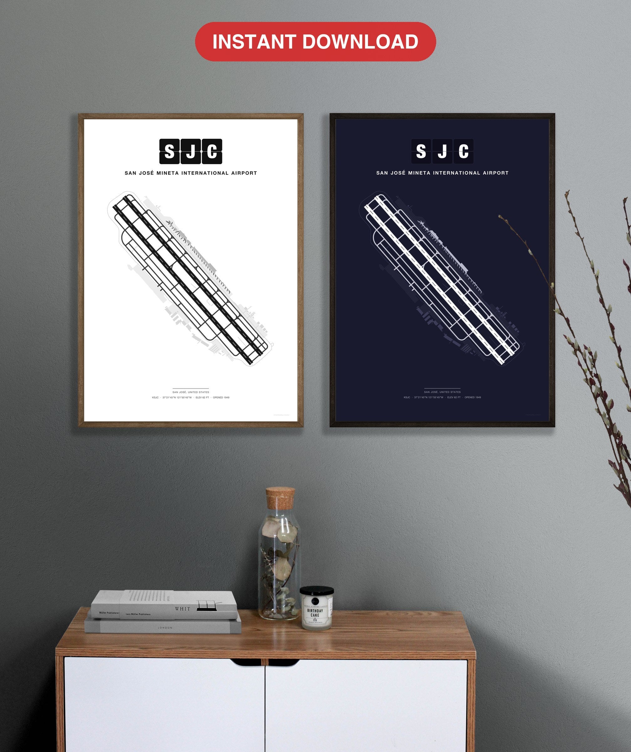 SJC San José Mineta International Airport map - Classic and Dark styles, instant download