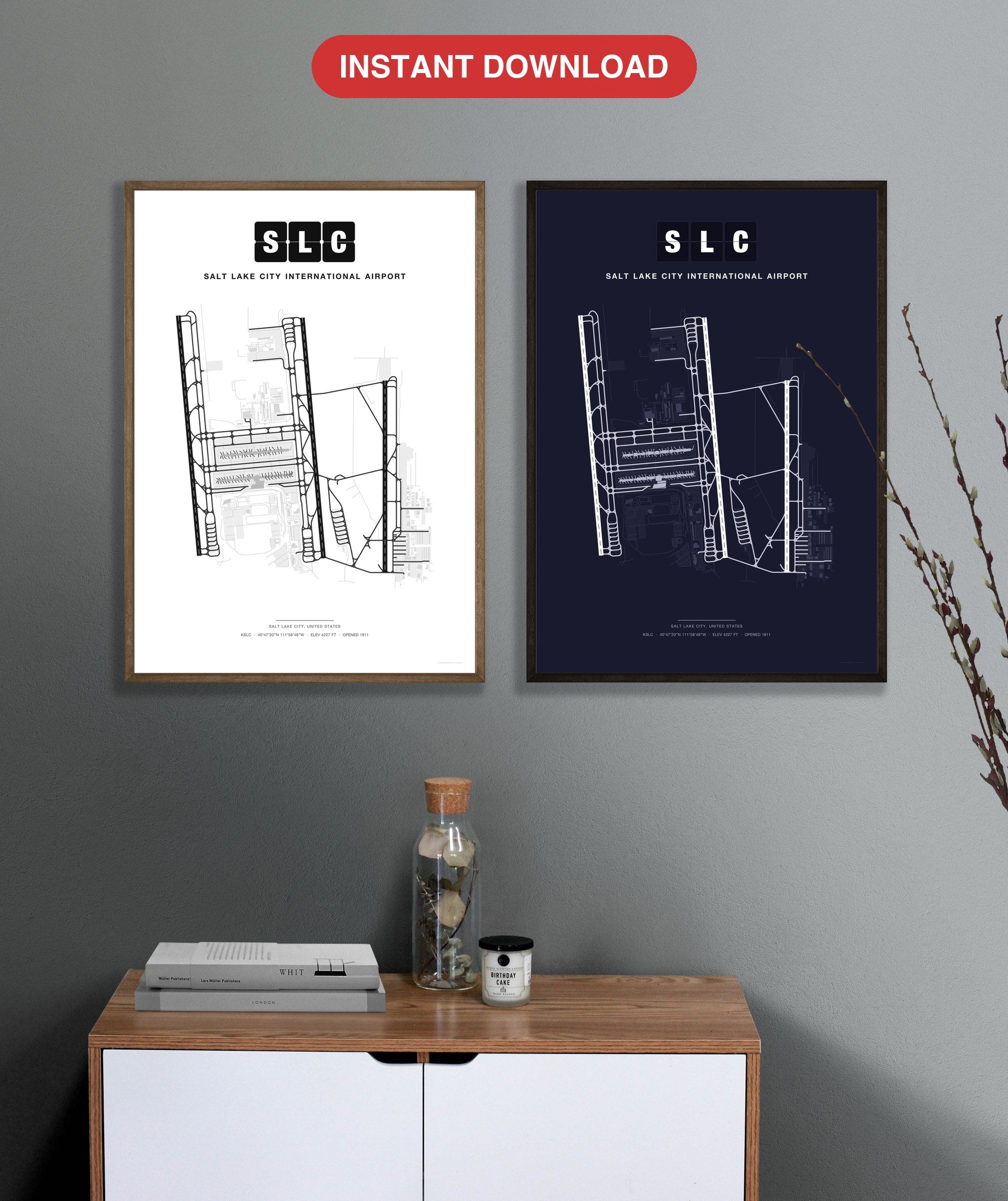 SLC Salt Lake City International Airport map - Classic and Dark styles, instant download