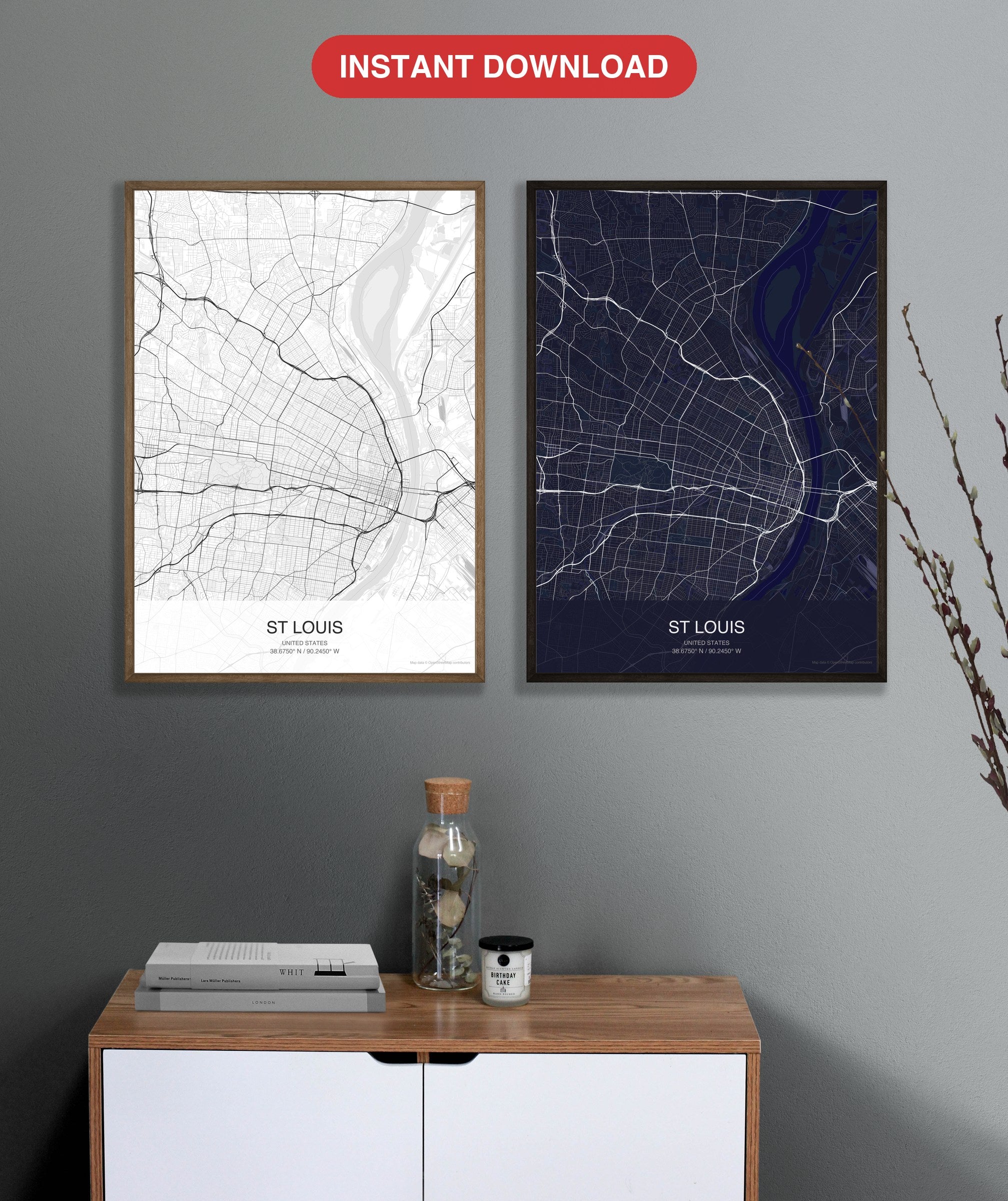 St Louis map digital download - Classic and Dark styles, instant download