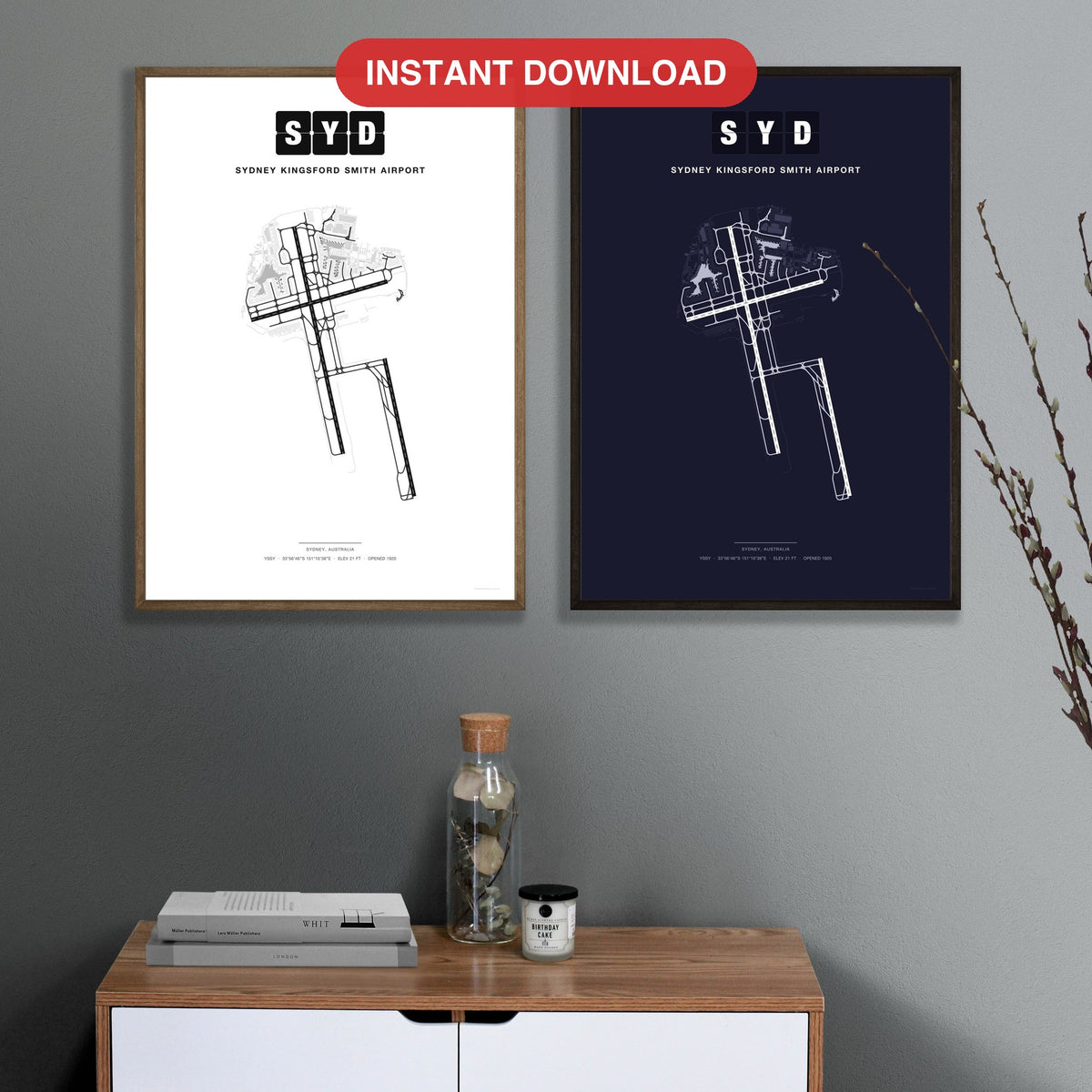 SYD Sydney Kingsford Smith Airport map - Classic and Dark styles, instant download, square lead