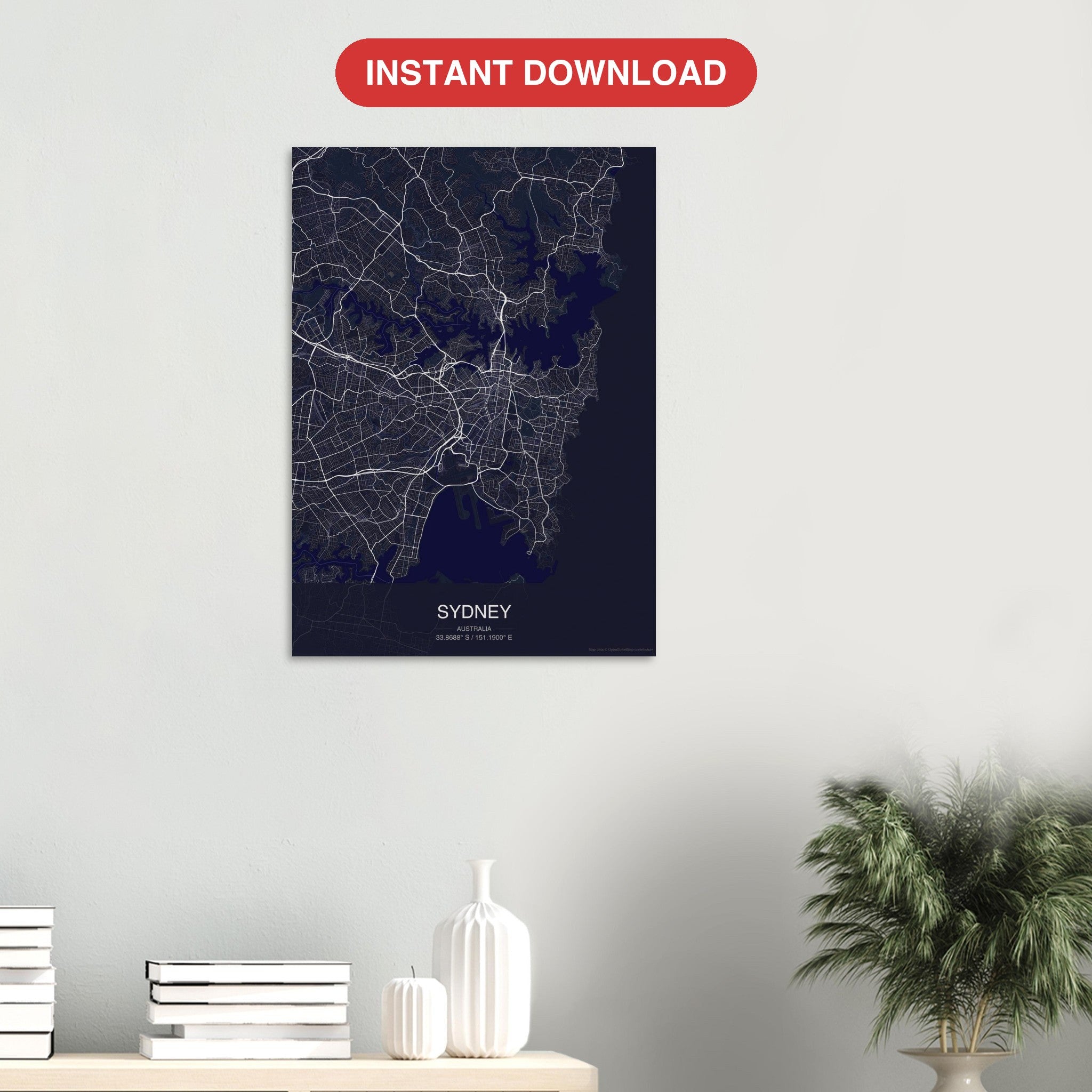 Sydney map digital download — Dark style, instant download