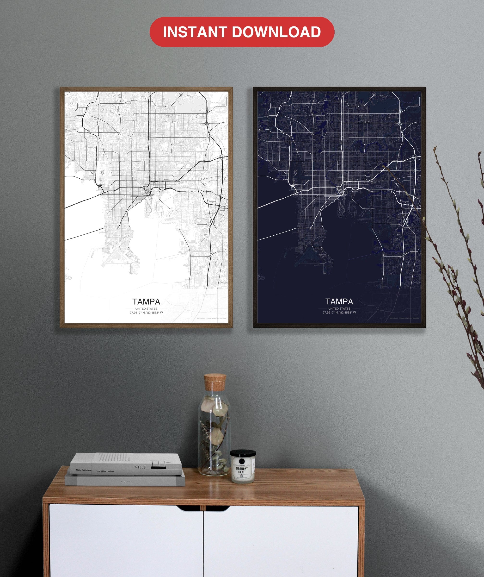 Tampa map digital download - Classic and Dark styles, instant download