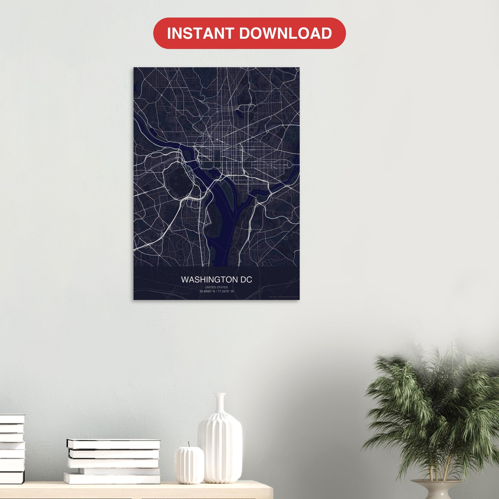 Washington DC map digital download — Dark style, instant download