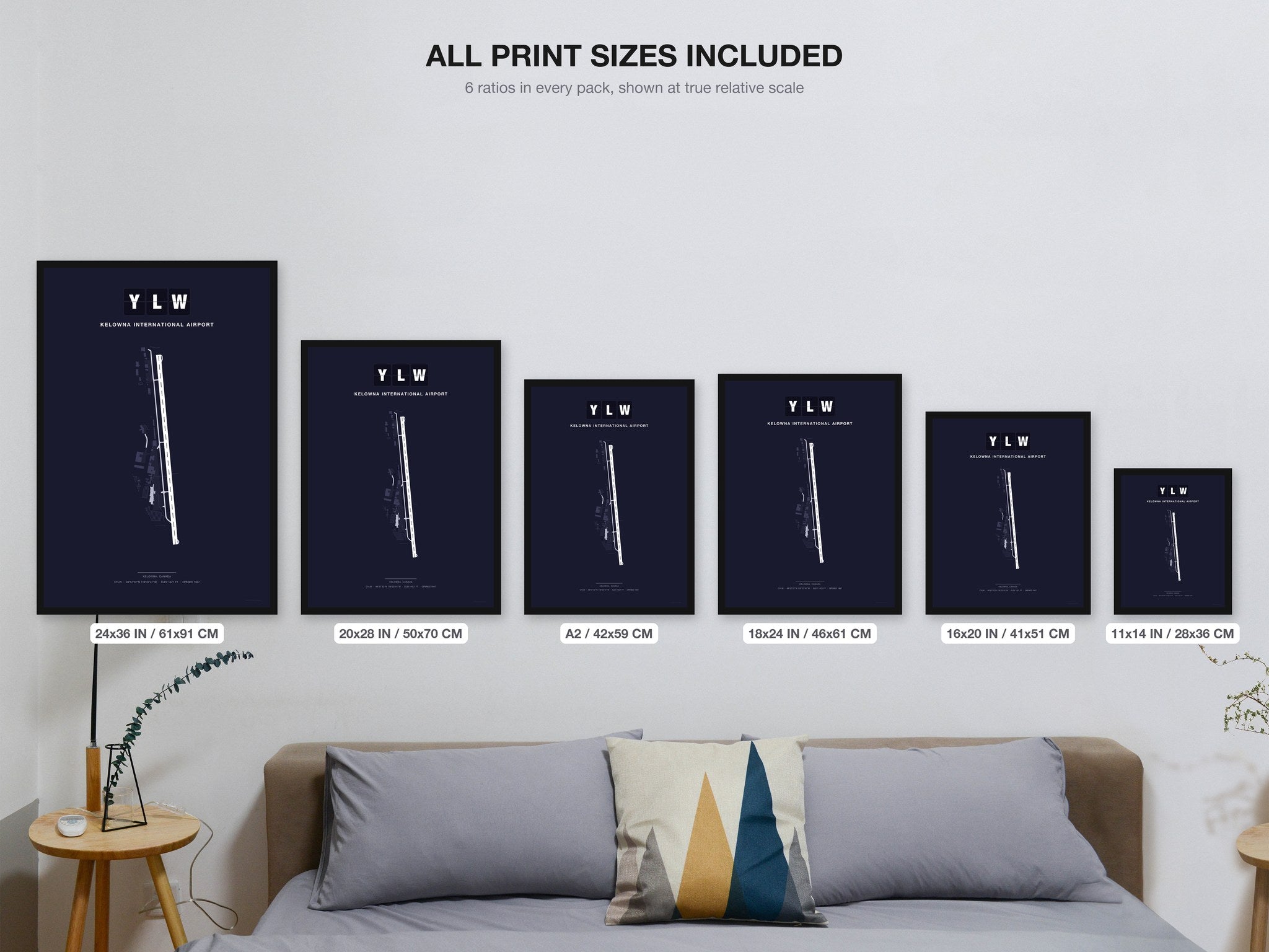 YLW Kelowna International Airport map - all print sizes included, Dark