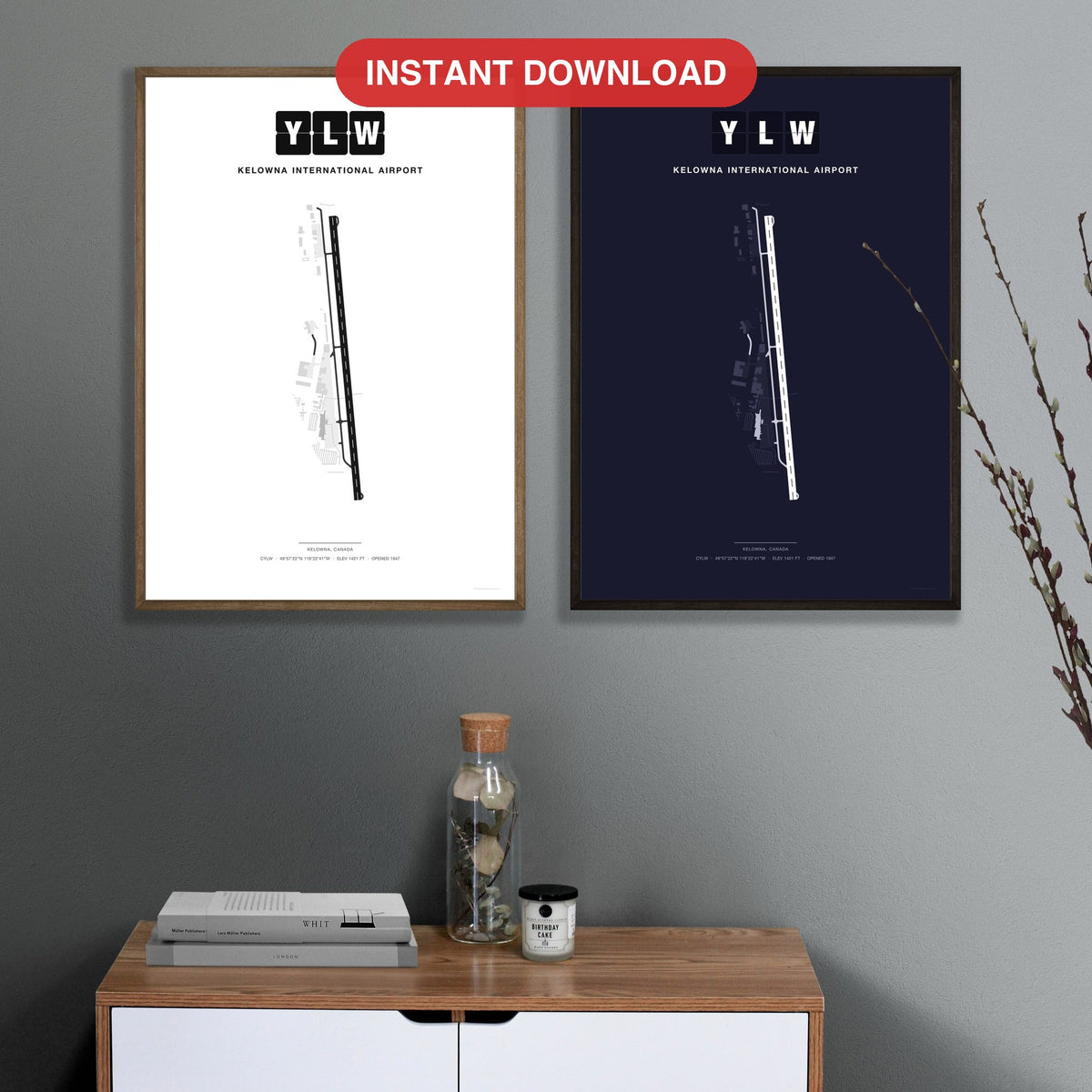 YLW Kelowna International Airport map - Classic and Dark styles, instant download, square lead