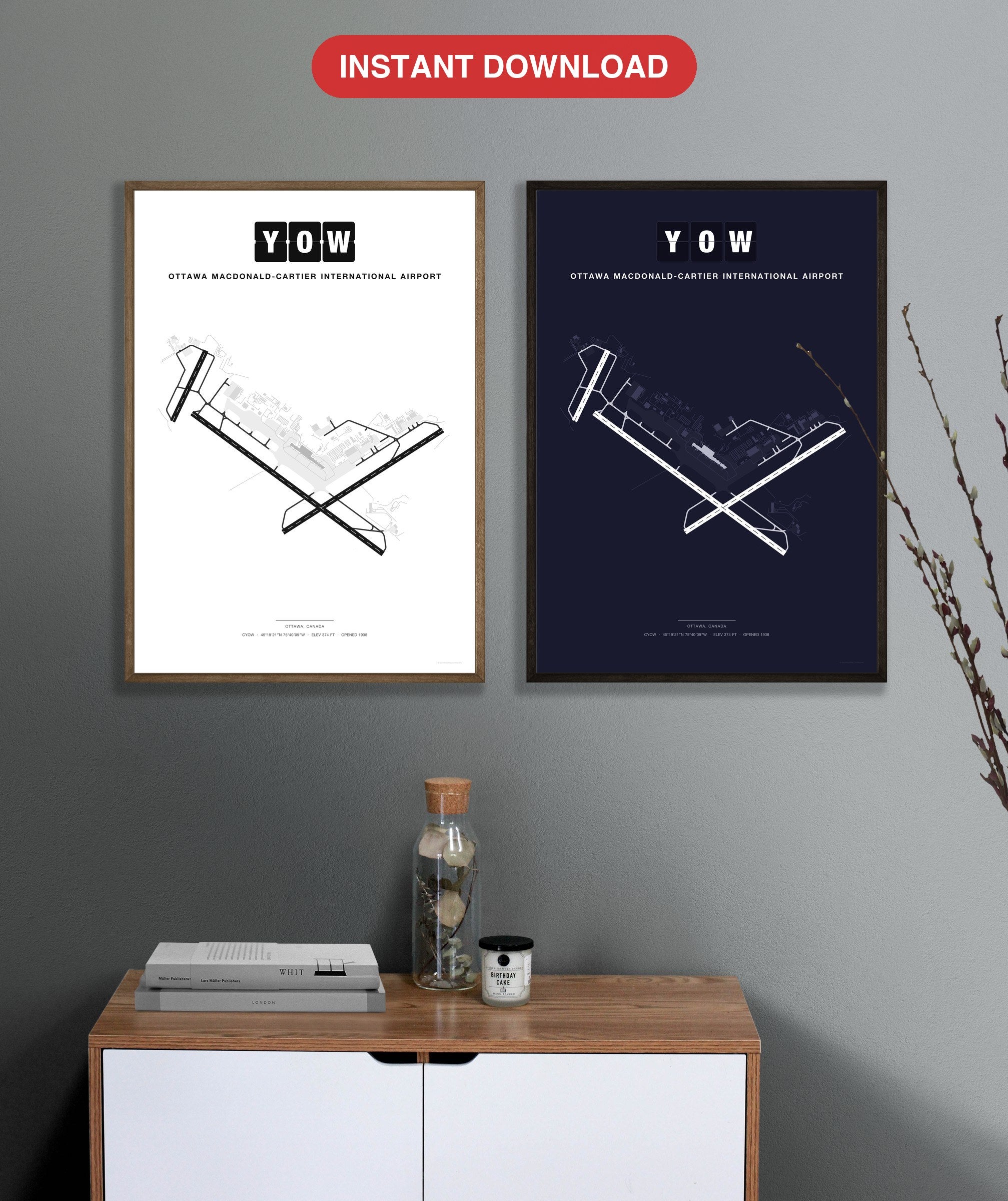 YOW Ottawa Macdonald-Cartier International Airport map - Classic and Dark styles, instant download