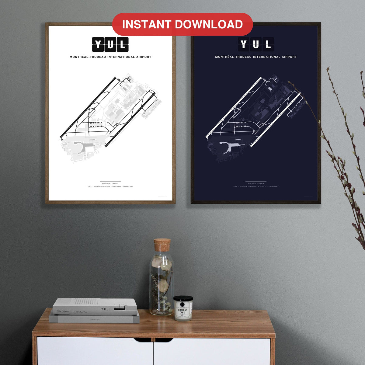 YUL Montréal-Trudeau International Airport map - Classic and Dark styles, instant download, square lead
