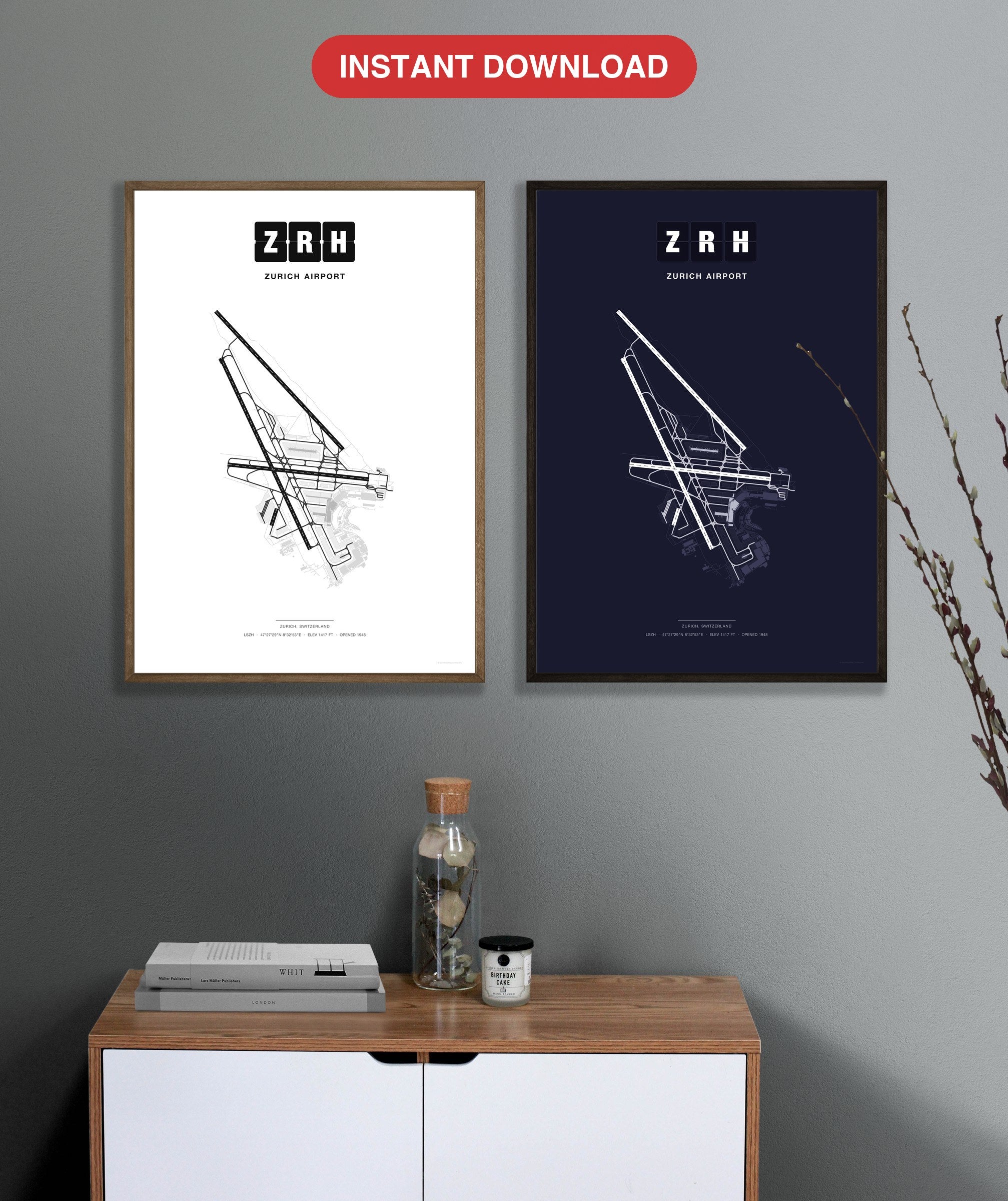 ZRH Zurich Airport map - Classic and Dark styles, instant download